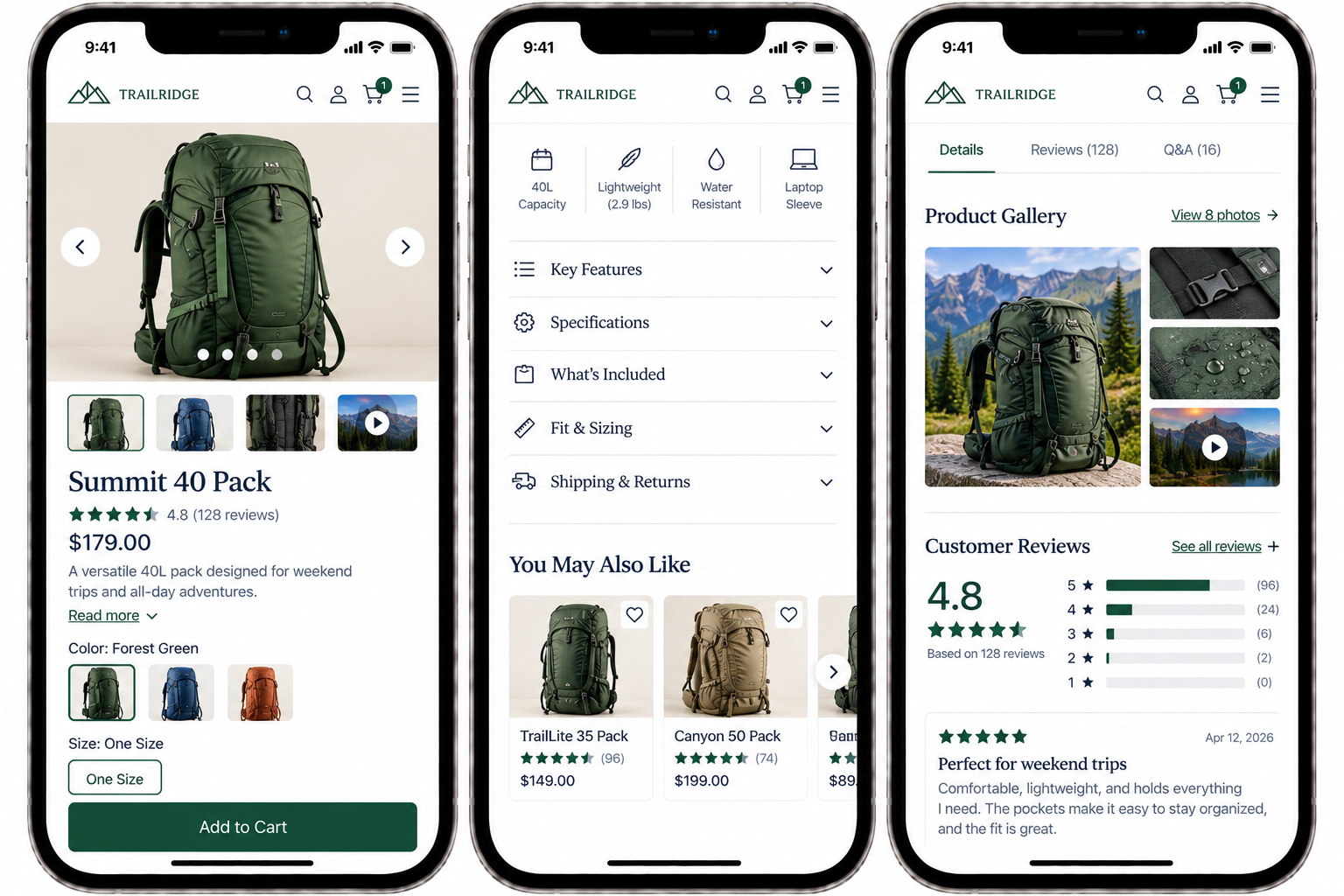 Three smartphones displaying an outdoor gear website showcasing a green Summit 40 Pack backpack, with product details, customer reviews, and related products.