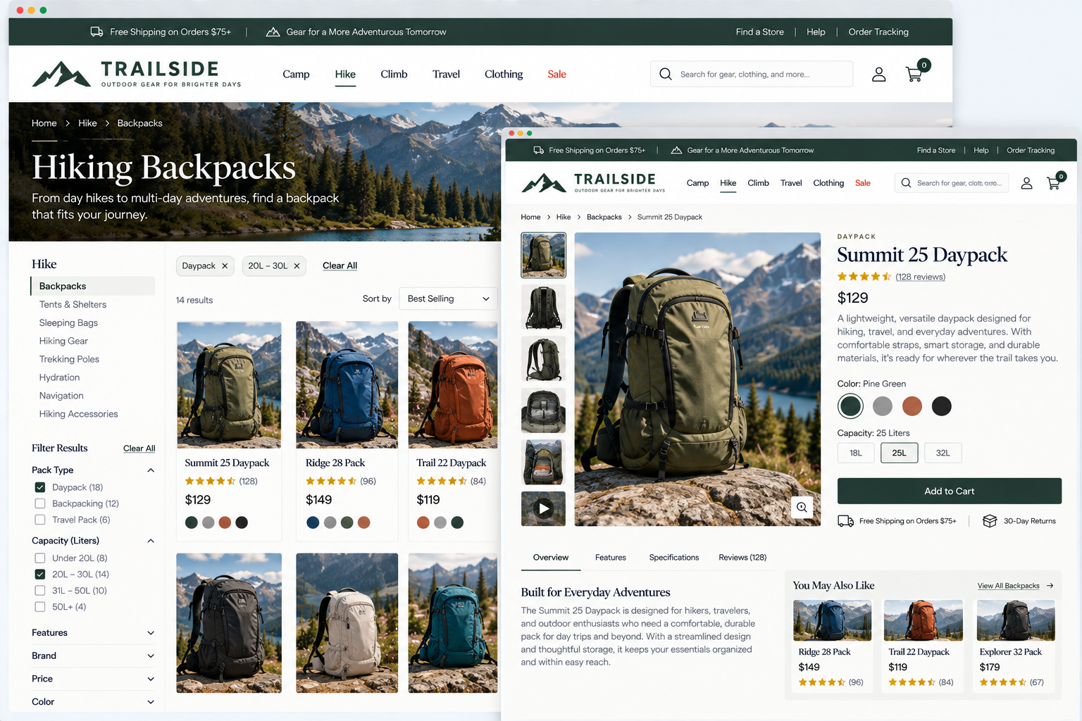 Screenshots of an outdoor gear website featuring hiking backpacks. The main backpack displayed is the Summit 25 Daypack, priced at $129, in Pine Green color, with a background of mountains and trees. The site offers options for different backpack sizes and colors, with featured products like Ridge 28 Pack and Trail 22 Daypack.