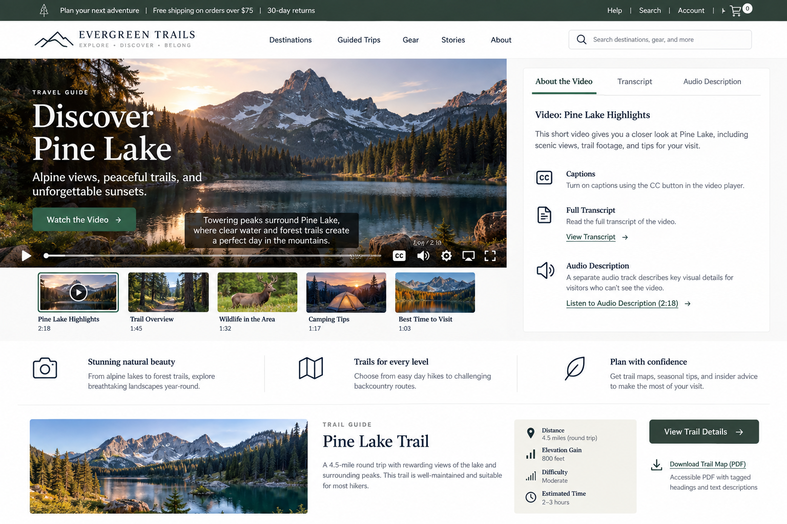 Scenic view of Pine Lake with surrounding forested mountains and forests at sunset, part of a travel website promoting outdoor adventures.