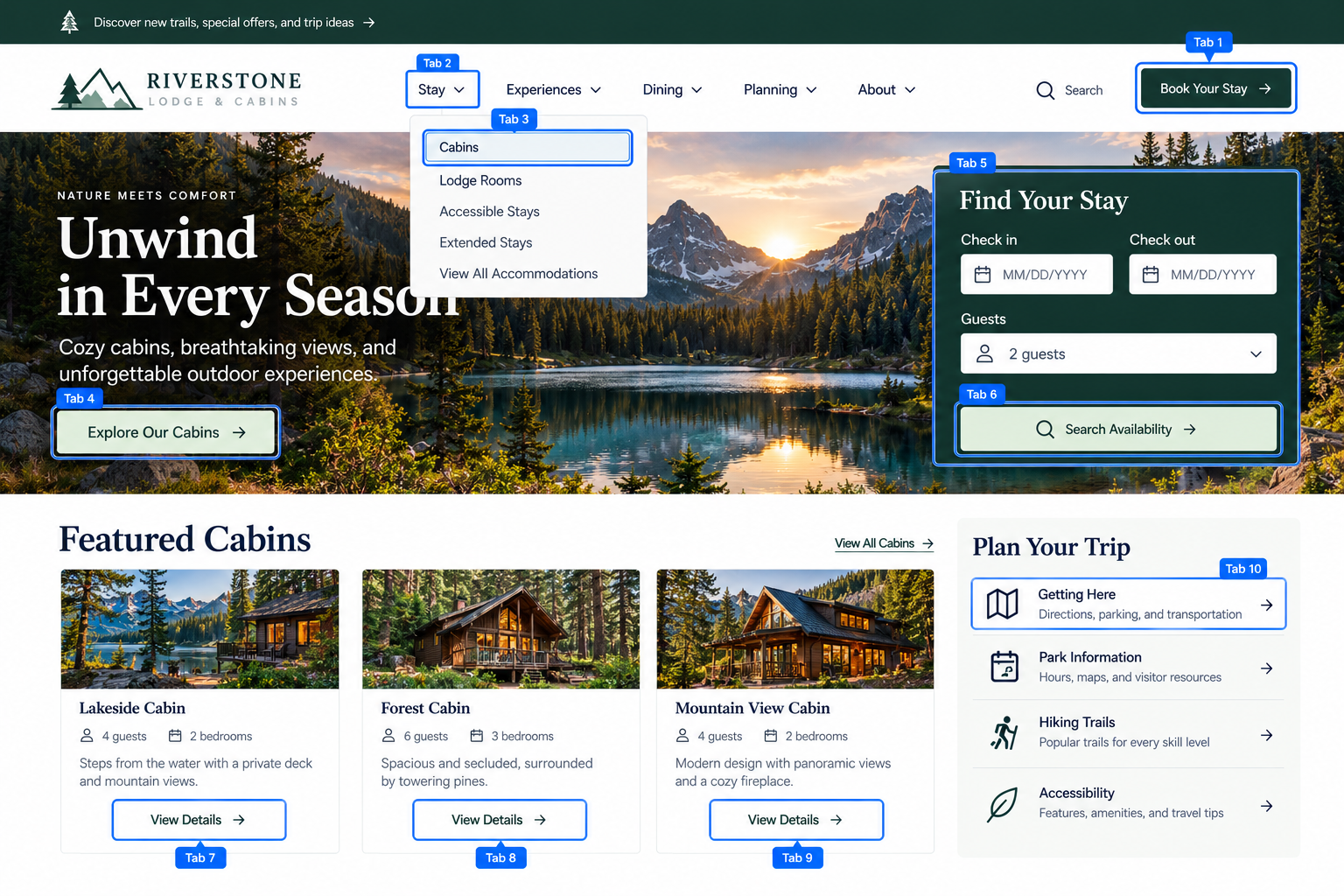 Homepage of Riverstone Lodge & Cabins website featuring a scenic mountain and lake background with navigation menu, search bar, booking section, featured cabins, and trip planning options.