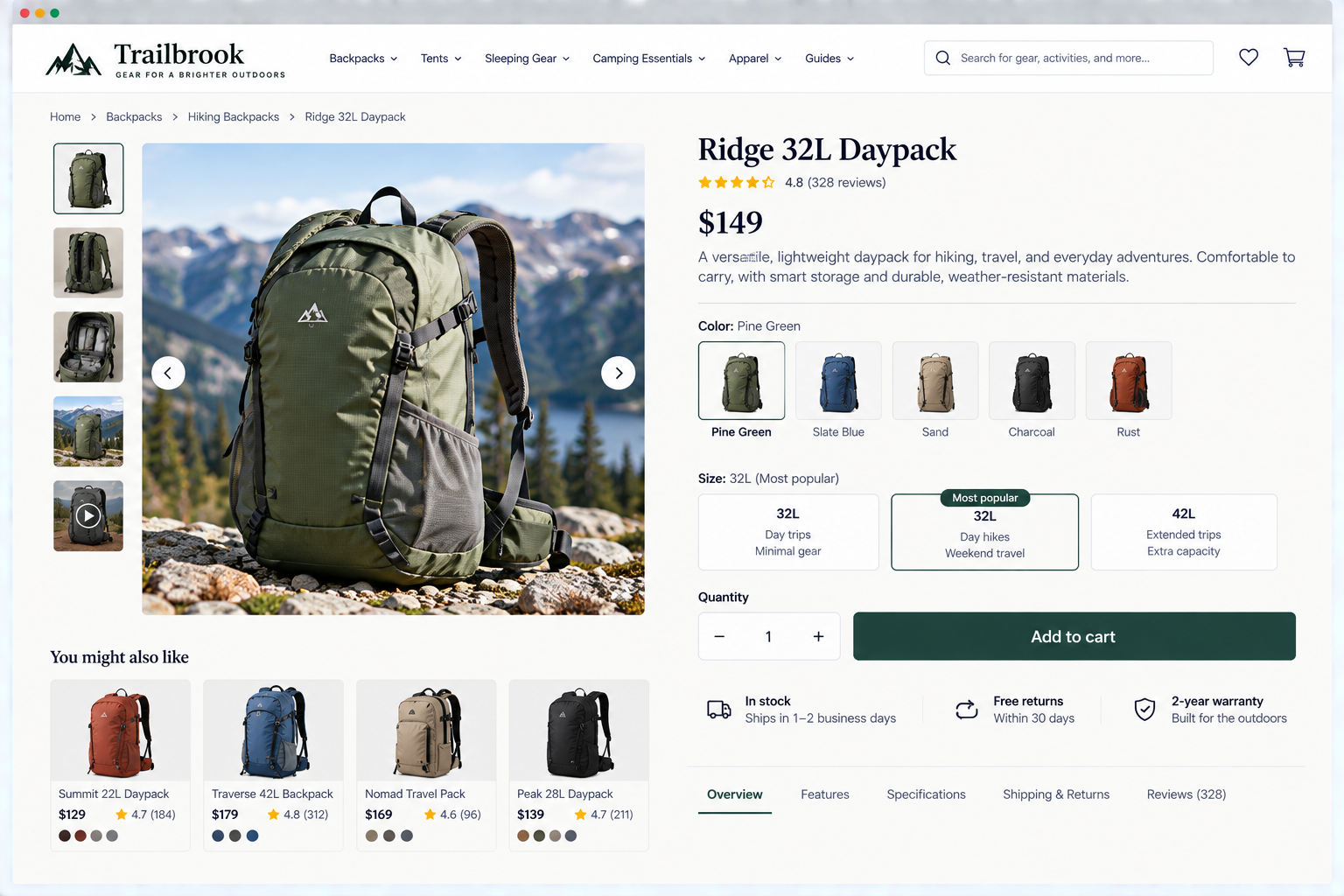Product page for a Trailbrook Ridge 32L Daypack in pine green color, showing a daytime outdoor scene with mountains and lake background, bright sky, and the backpack in focus.