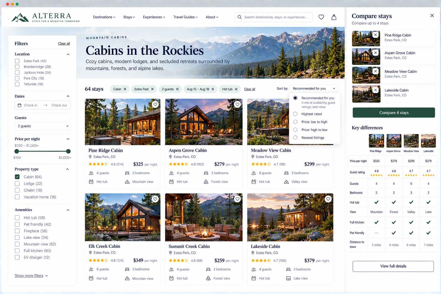 Screenshot of a travel website showcasing cabin options in Estes Park, Colorado. Features include filters for location, dates, guests, price, property type, amenities, and sorting options. Several cabins are displayed with images, ratings, prices, and details.