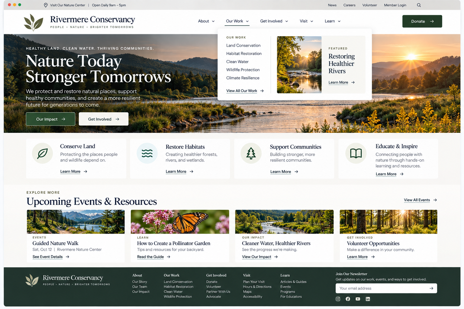 Screenshot of the homepage for Rivermere Conservancy featuring a scenic river landscape at sunset with trees and mountains, with menu options for their work, events, and donations.