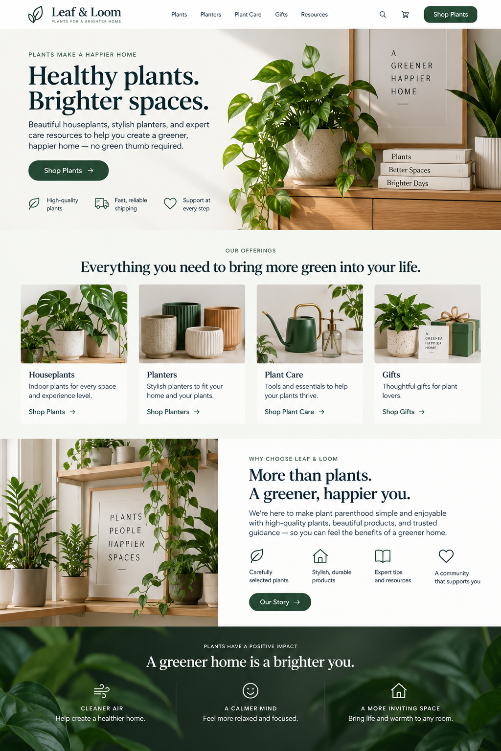 A webpage for Leaf & Loom featuring plants and plant care products. The header includes navigation links, a shop button, and the brand logo. The main section promotes healthy plants for a brighter home, showing potted houseplants, stylish planters, a watering can, and gift options. The page emphasizes the benefits of plants and offers resources for plant care.