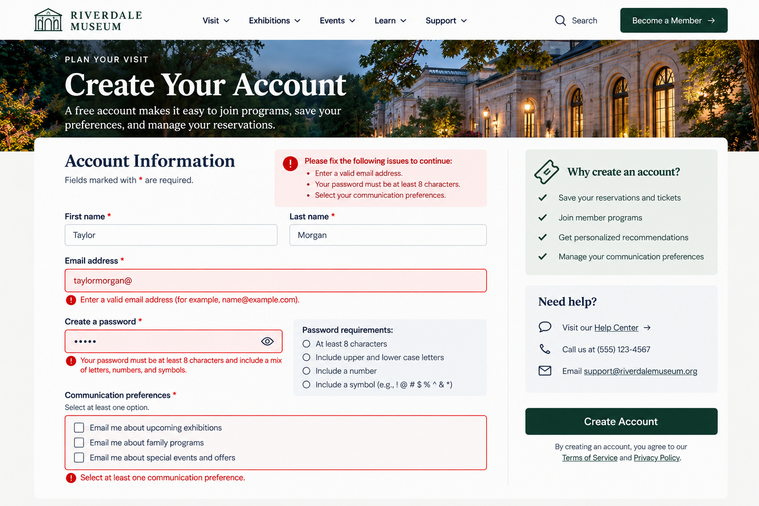 Screenshot of Riverdale Museum's account creation webpage, showing a form to fill in first name, last name, email address, password, and communication preferences, with error messages for invalid email and password.