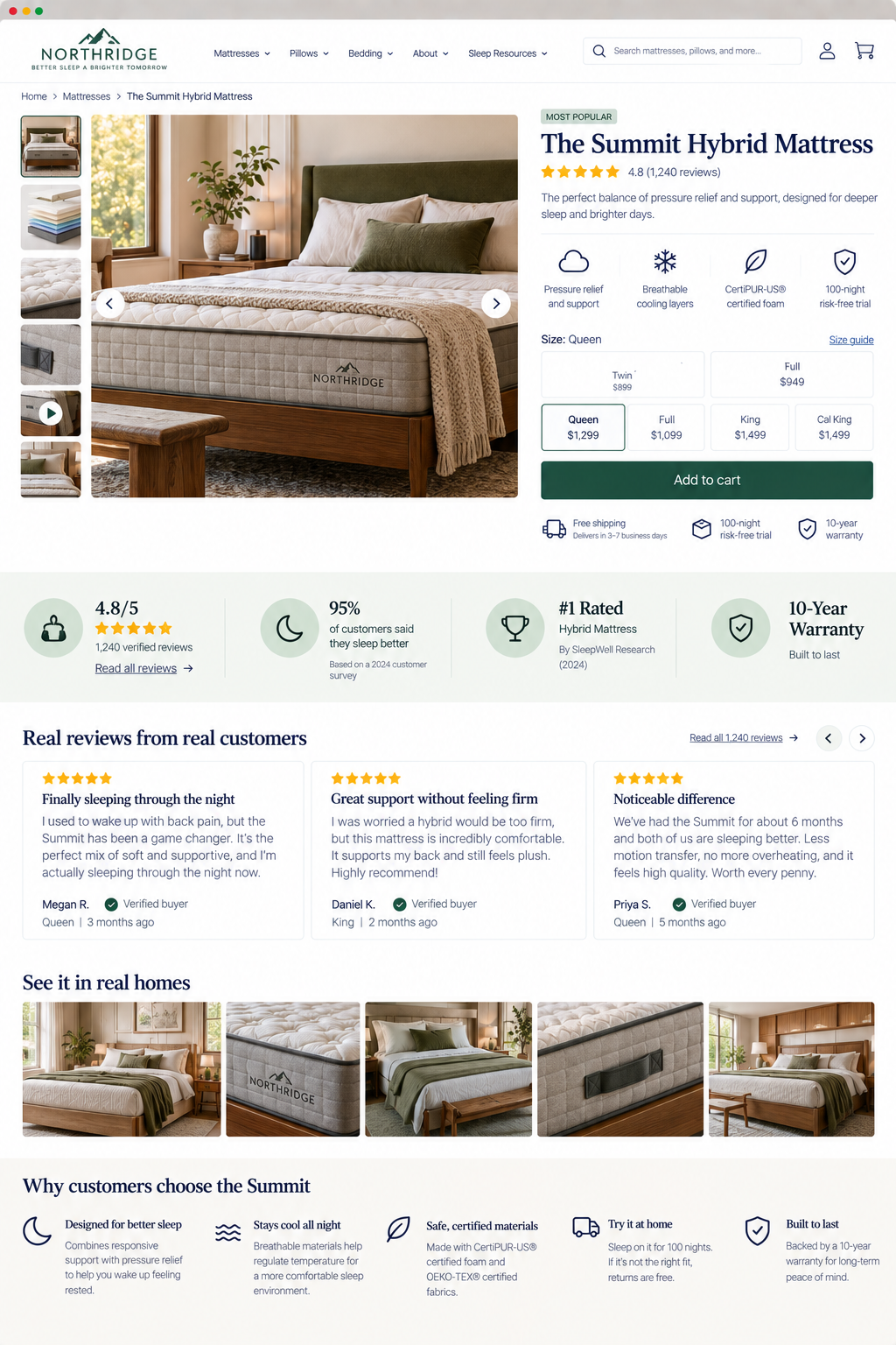 Product image of The Summit Hybrid Mattress in a bedroom setting, showing a neatly made bed with pillows, a blanket, and a plant nearby.