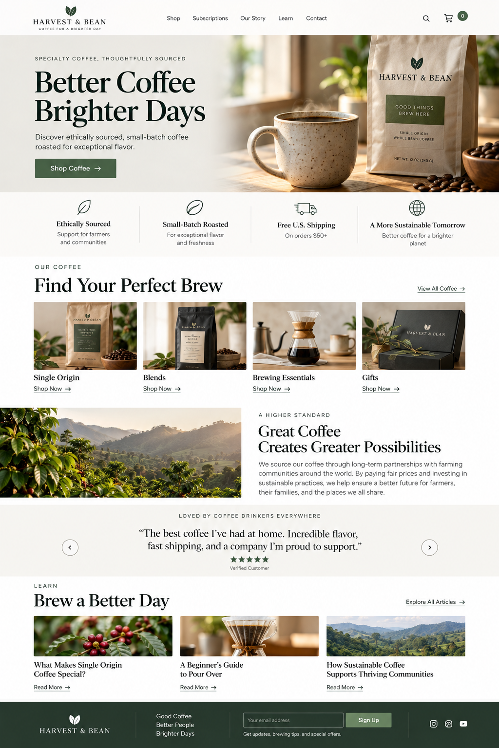 Homepage of Harvest & Bean coffee company featuring a coffee mug, a bag of coffee beans, and brewing equipment on a wooden surface, with green and white branding accents.