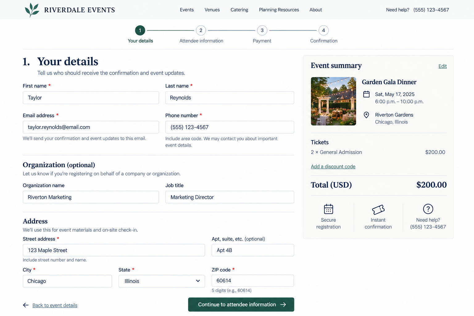 An online event registration form for Riverdale Events. It shows attendee details such as name, email, phone number, organization, and address. The event is a Garden Gala Dinner scheduled for Saturday, May 17, 2025, from 6:00 p.m. to 10:00 p.m. at Riverton Gardens in Chicago, Illinois. The total price for two tickets is $200.00.