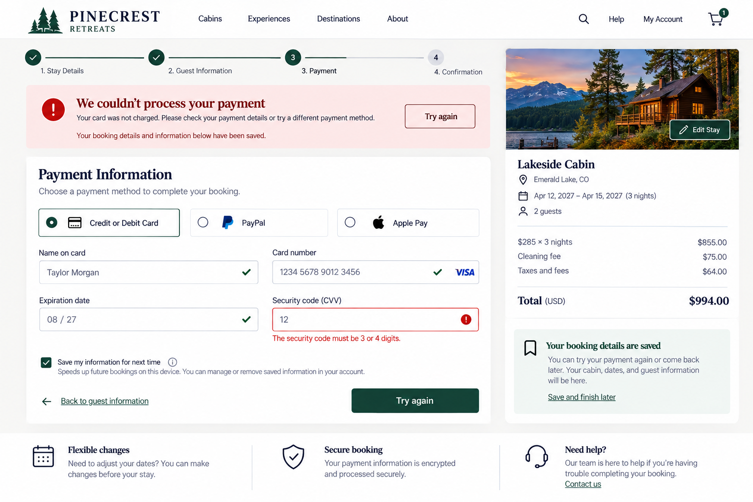 Screenshot of an online booking platform for Pinecrest Retreats, showing a payment page with an error message. The message states, "We couldn’t process your payment," due to an invalid security code. The booking is for a Lakeside Cabin at Emerald Lake, CO, from April 12 to April 15, 2027, for two guests. The total cost is $994.00. Part of the website header includes options for cabins, experiences, destinations, about, help, my account, and a shopping cart icon.