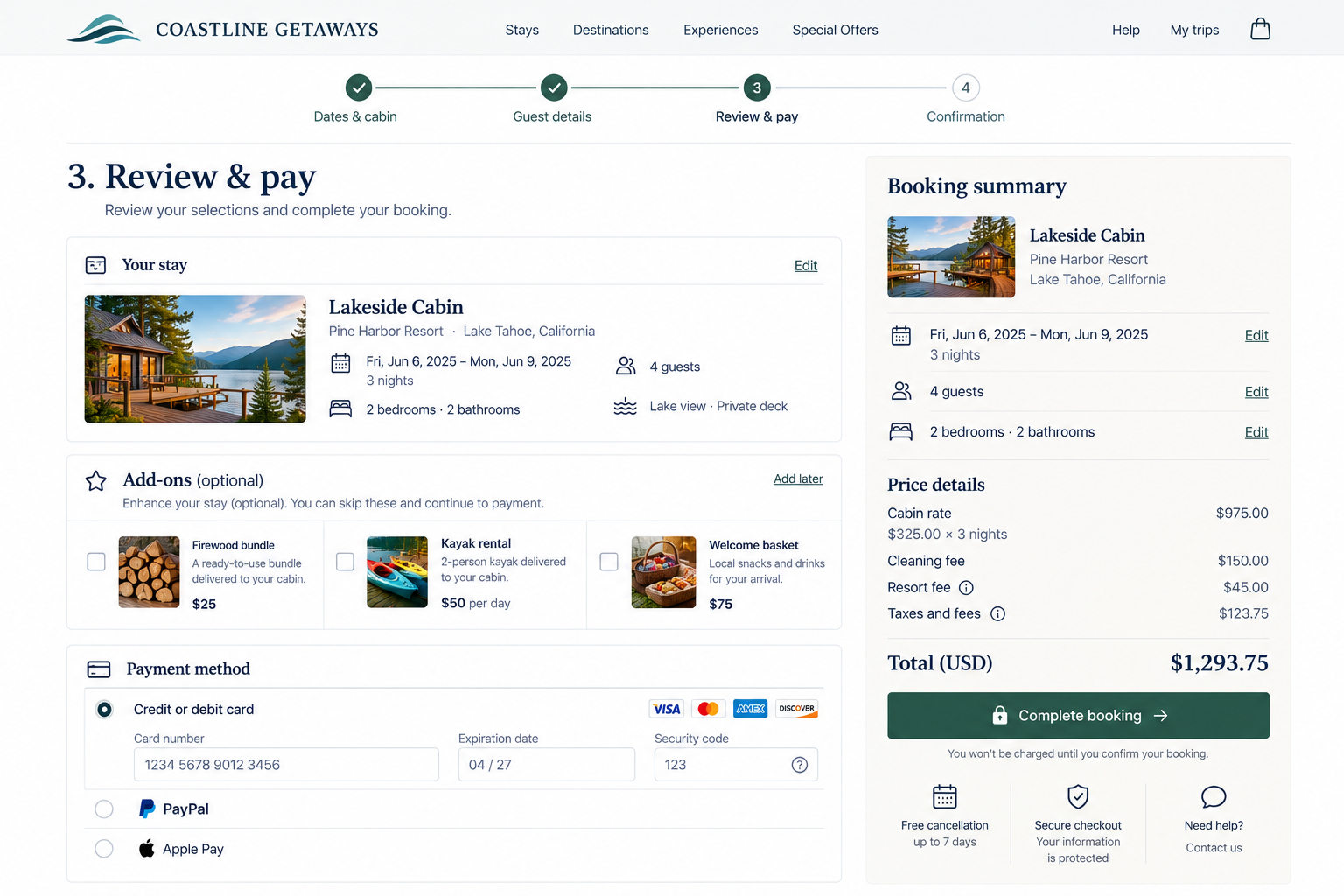 Screenshot of an online booking page for a lakeside cabin at Pine Harbor Resort in Lake Tahoe, California, showing reservation details, add-on options, payment methods, and booking summary with total cost.