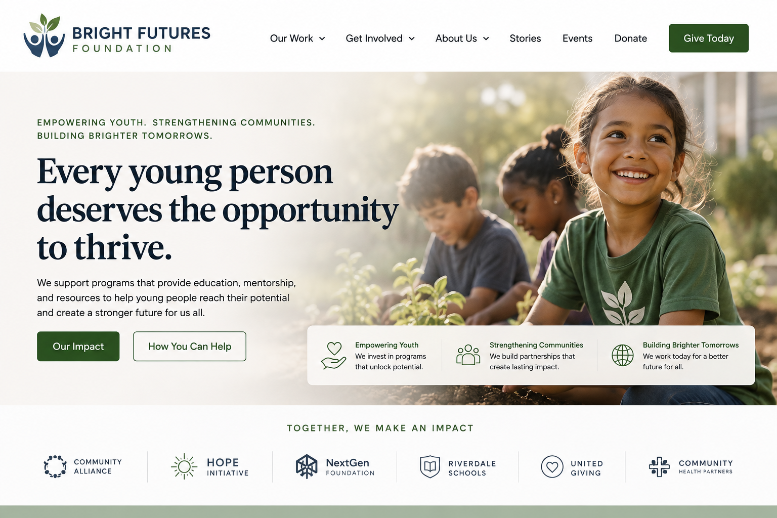A group of children, including a smiling girl in a green shirt, engaged in outdoor planting or gardening activities.
