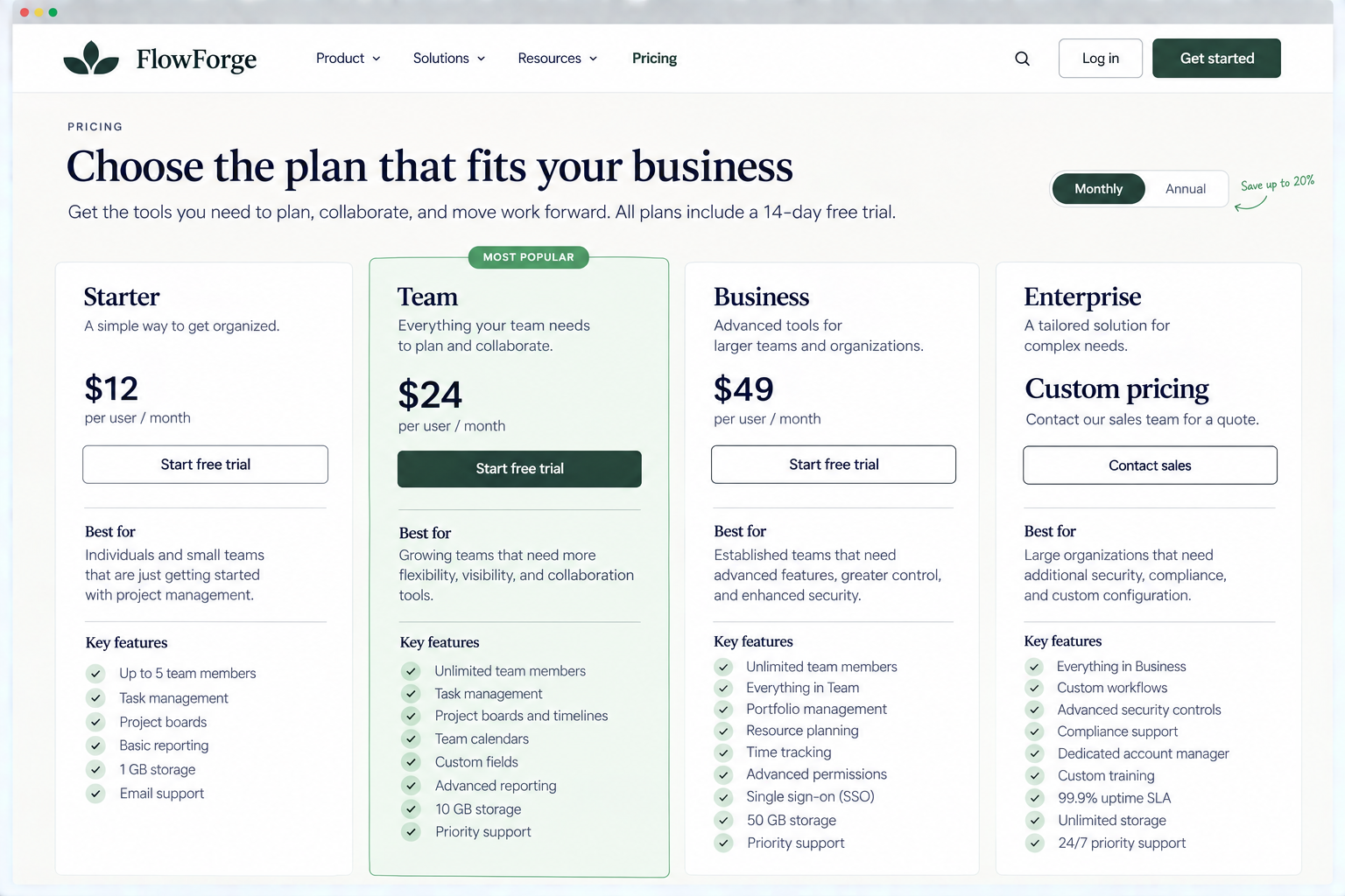 FlowForge pricing webpage displaying plans: Starter, Team, Business, and Enterprise, with details and costs for each.