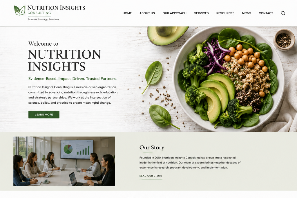 Homepage of Nutrition Insights Consulting featuring a large bowl of colorful salad with avocado, greens, chickpeas, quinoa, and purple cabbage, on a white wooden surface.