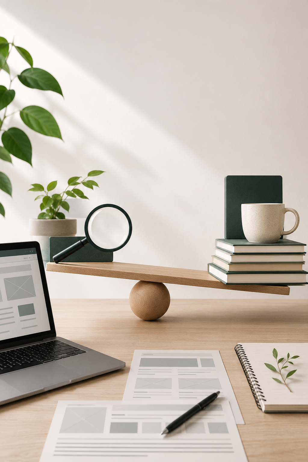 Minimalist workspace with a laptop, sheets of paper, a pen, a spiral notebook, potted plants, a stack of books, a mug, and a magnifying glass on a balanced wooden stand.