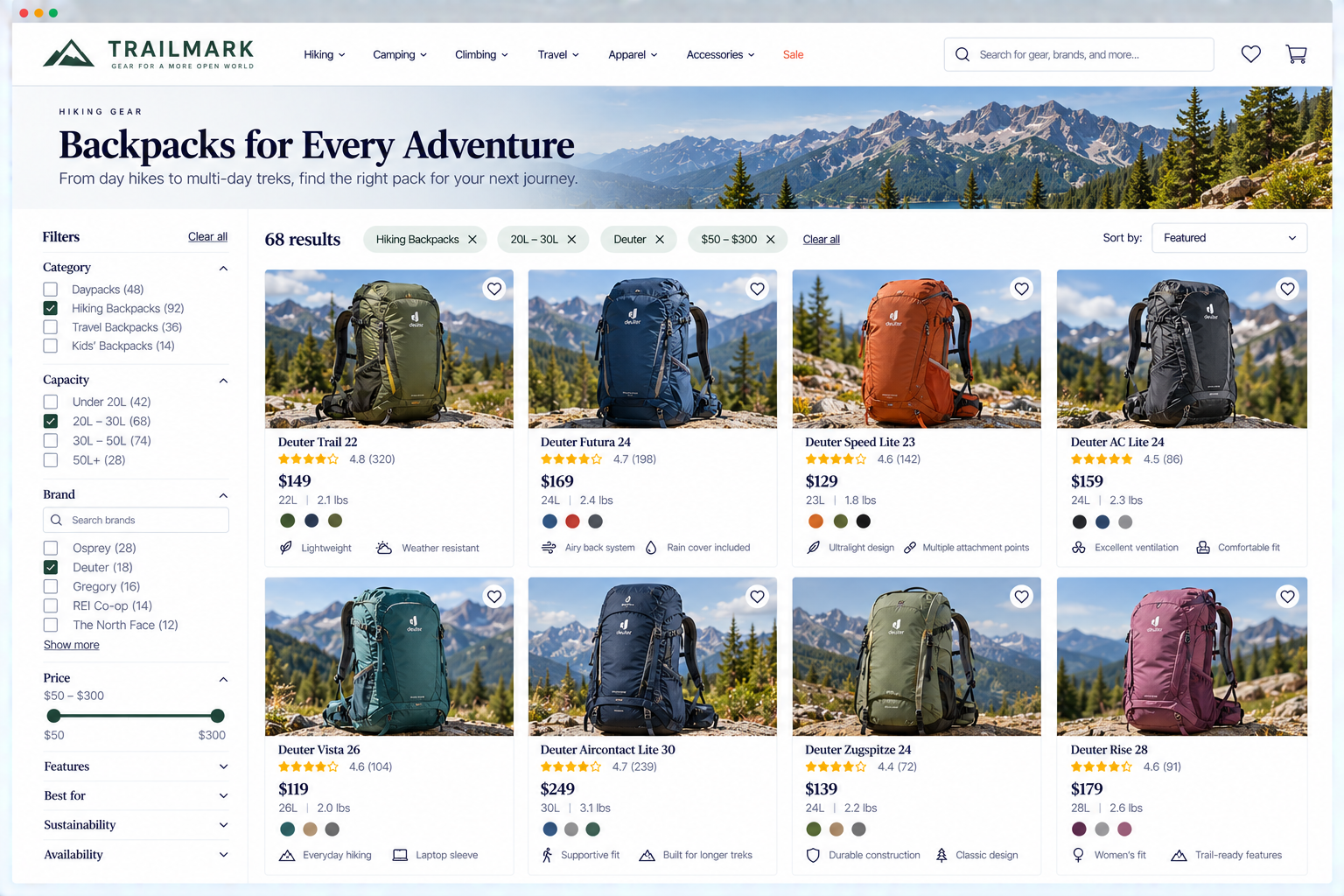 Online shopping website for hiking backpacks, showing a selection of backpacks with images, prices, ratings, and features, and filters for category, capacity, brand, price, and features.