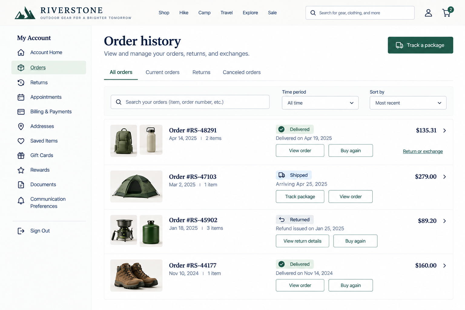 Screenshot of an online order history webpage showing four orders for outdoor gear, including a backpack, water bottle, tent, camping stove, fuel canister, and hiking boots.
