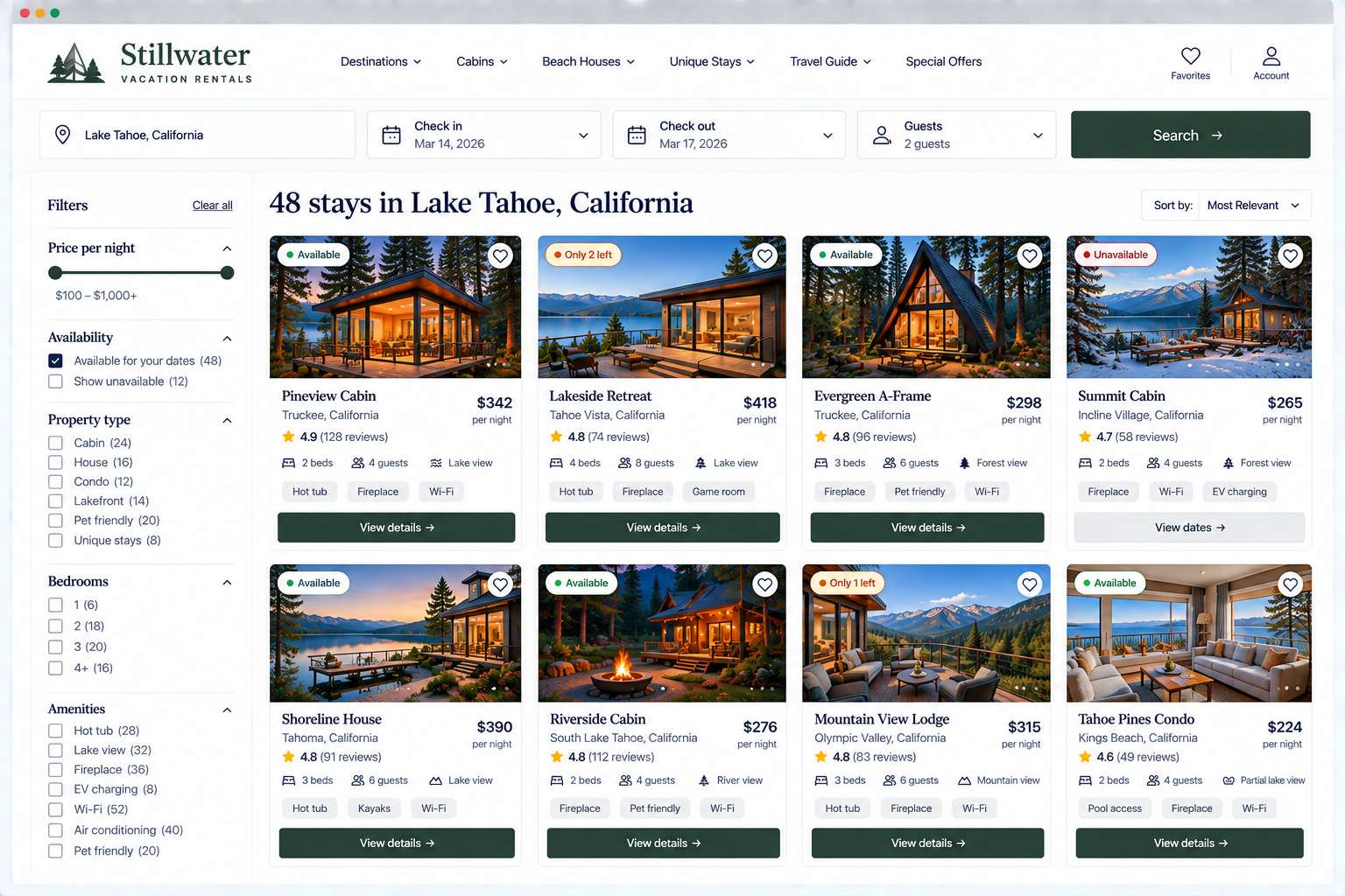 Screen shot of a vacation rental website showing multiple cabins available for booking in Lake Tahoe, California, with details such as price, ratings, amenities, and availability. The site allows users to filter and select accommodations for their stay.
