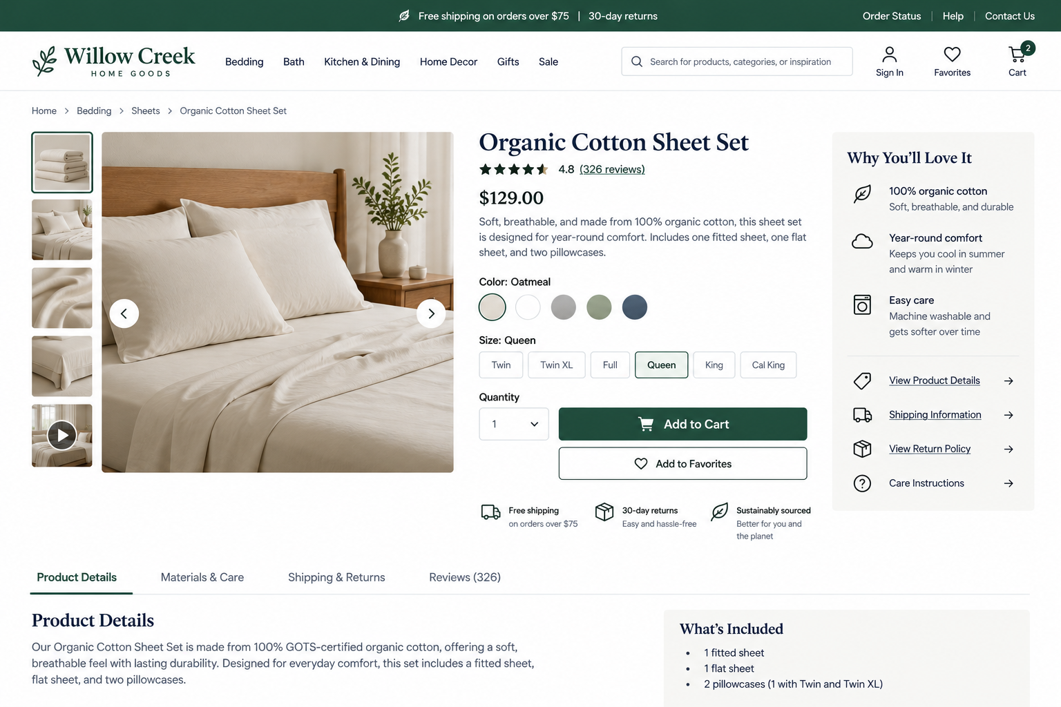 Product page for Willow Creek Organic Cotton Sheet Set featuring a neatly made bed with white sheets, pillows, and a wooden headboard in a cozy bedroom with a plant and nightstand.