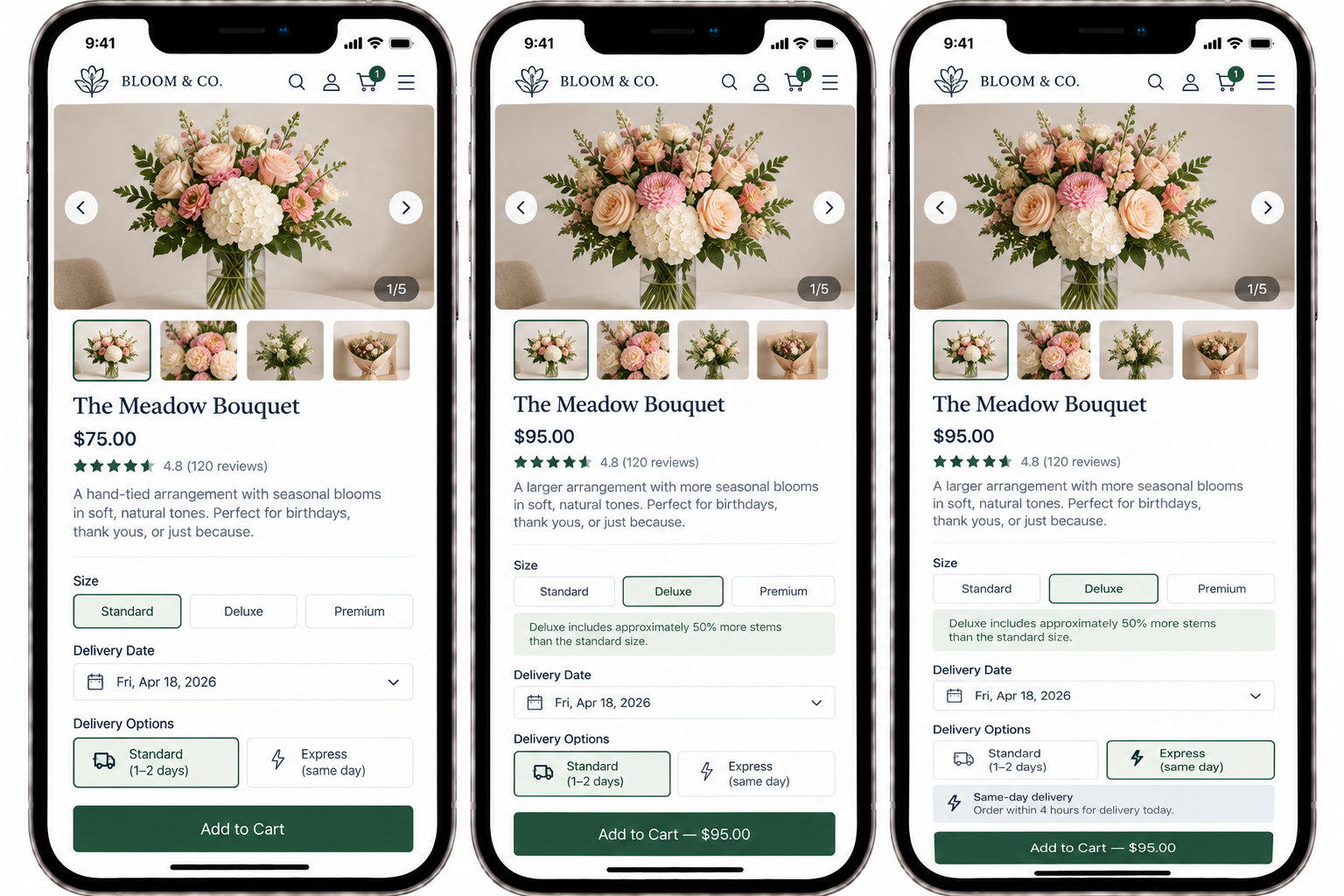 Screenshots of a mobile shopping app displaying different options for 'The Meadow Bouquet' floral arrangement, with images, prices, ratings, descriptions, size options, and delivery details.