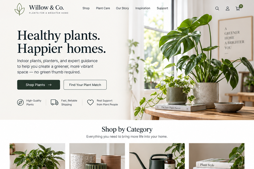 A webpage homepage for Willow & Co., a plant store. Features a large green houseplant on a wooden table, with a background of indoor plants and decor. Main headline: "Healthy plants. Happier homes." and options to shop plants or find a plant match, along with icons for high-quality plants, reliable shipping, and support.