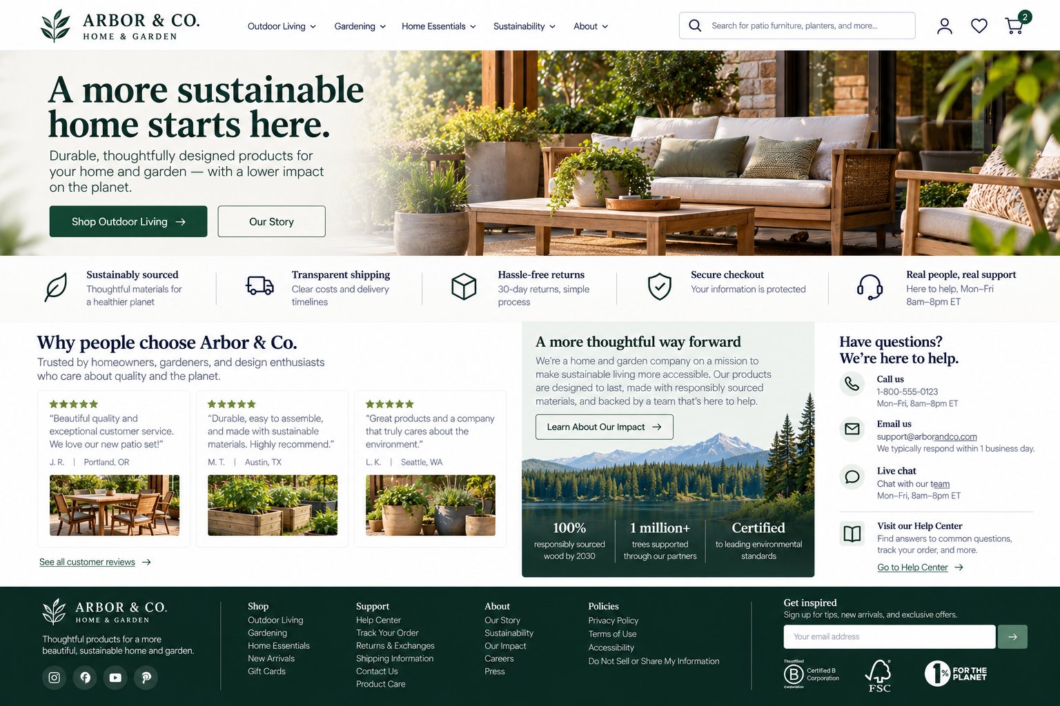 Screenshot of the Arbor & Co. home and garden online store homepage, featuring outdoor furniture set on a patio, with text highlighting sustainable products, shipping, returns, support, and company values.