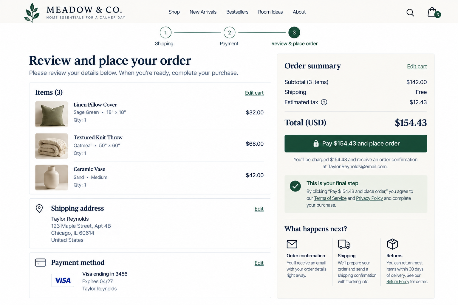 Screenshot of an online order review page from Meadow & Co., showing three items in the cart: a sage green linen pillow cover, a beige textured knit throw, and a medium sand ceramic vase. The page includes order totals, shipping address, payment method, and checkout button.