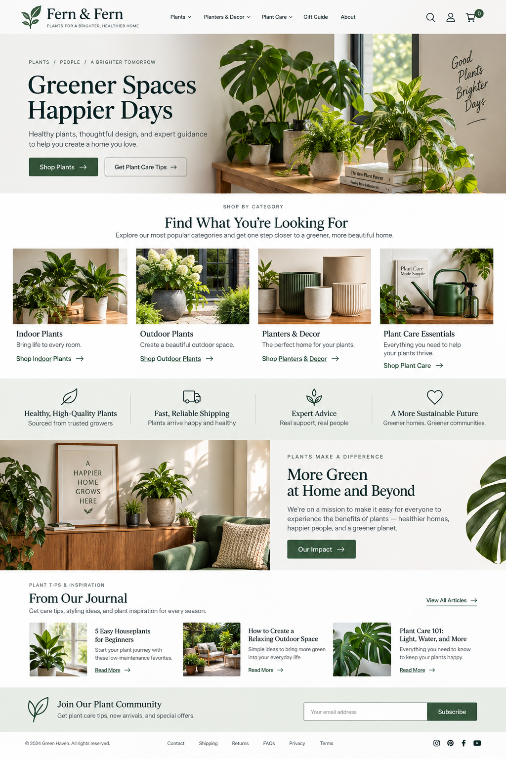 Homepage of Fern & Fern website featuring various indoor and outdoor plants, plant care products, and decoration items with a green and white color scheme.