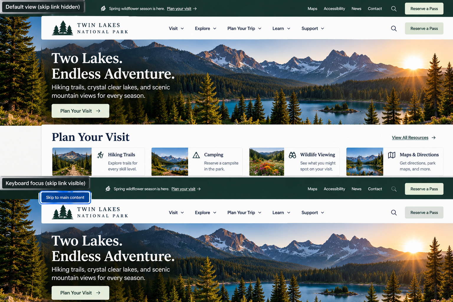 Screenshots of Twin Lakes National Park website homepage, showing a scenic mountain lake view at sunset with evergreen trees in the foreground, and navigation menus for visiting, exploring, planning trips, learning, and support.