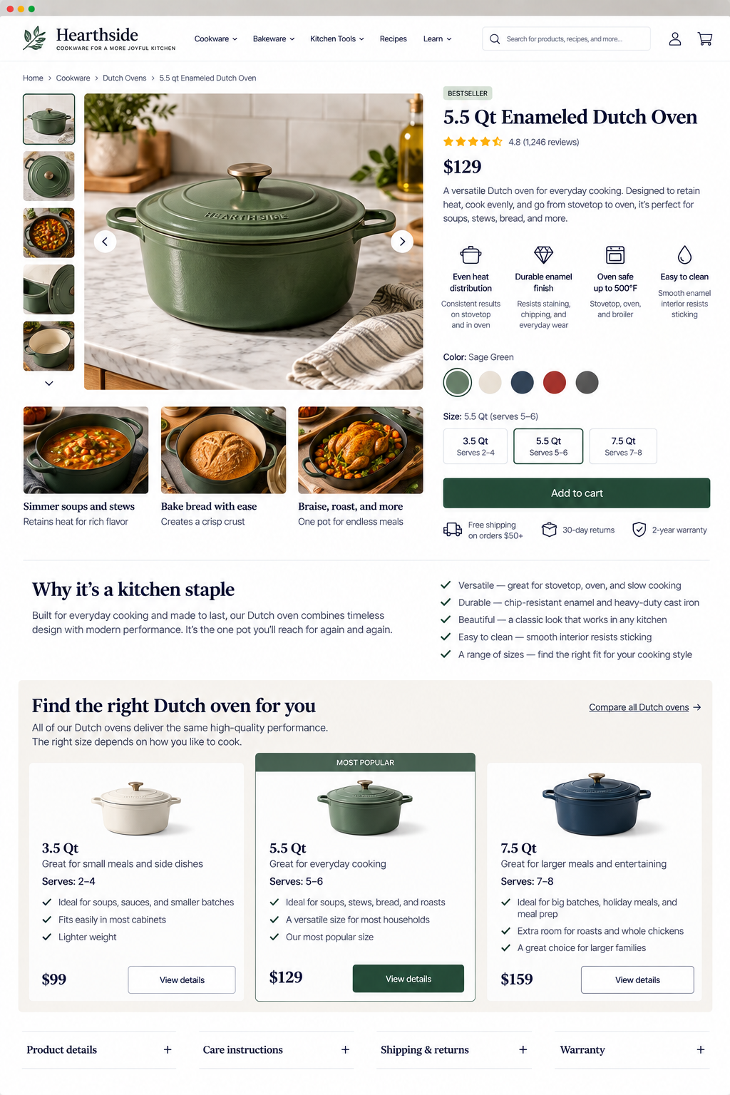 A webpage showcasing a 5.5-quart sage green enameled Dutch oven from Hearthside. The main image displays the Dutch oven on a marble countertop with a plant and a bottle in the background. Additional images on the side show different angles and uses, like simmering soup, baking bread, and roasting. The product description highlights its heat distribution, enamel finish, safety, and ease of cleaning. Size options and related products are also shown.