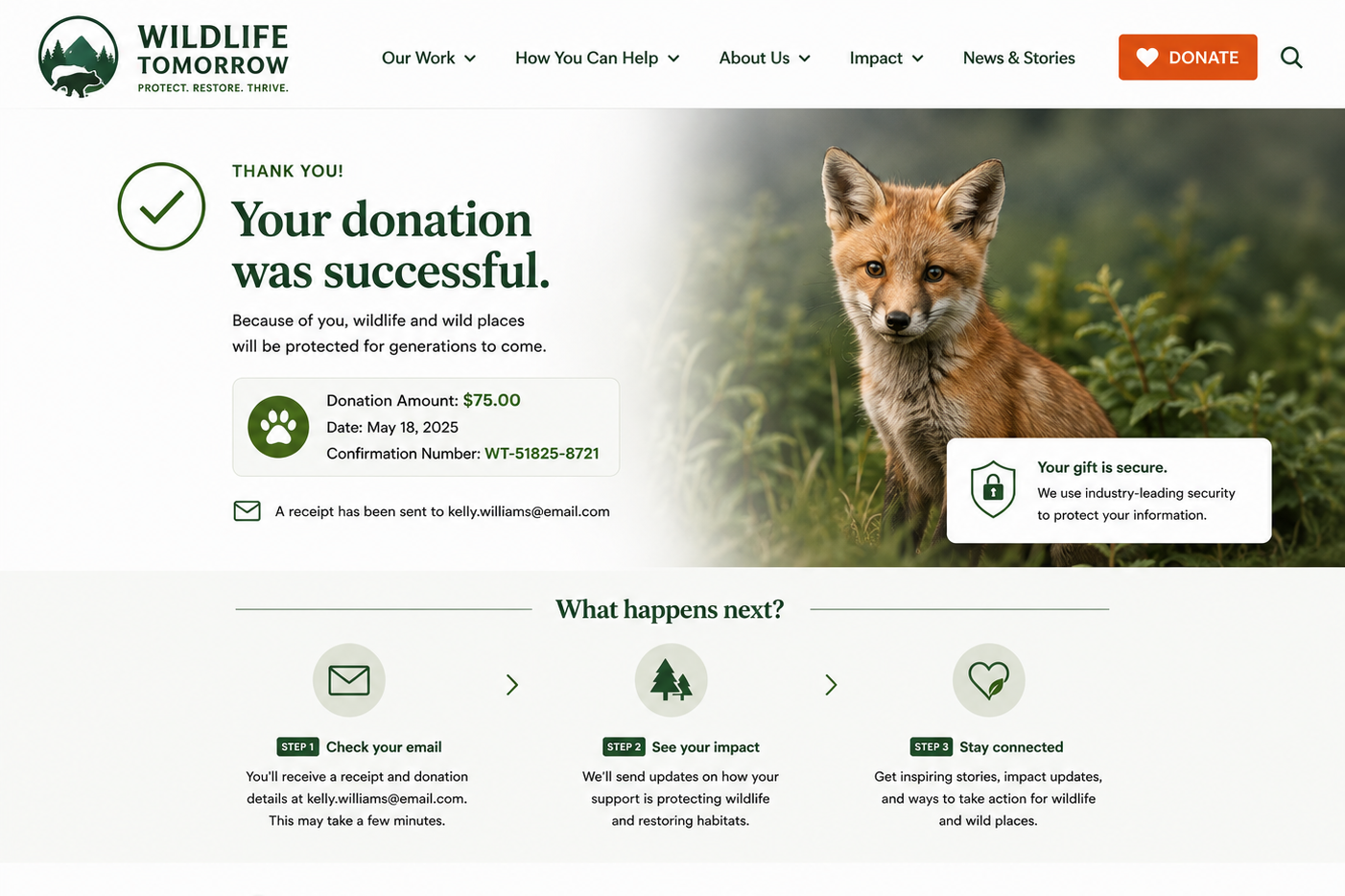 A donation confirmation webpage for a wildlife conservation organization featuring a fox and a green outdoor landscape background.