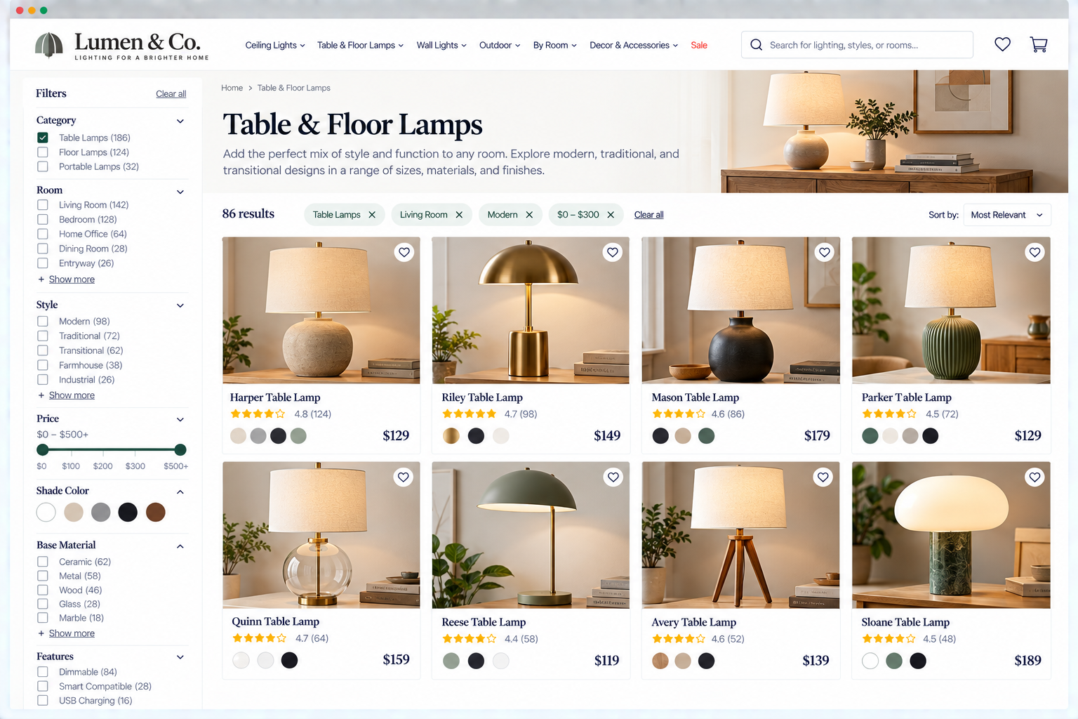 Online store page showcasing various table lamps with different designs, colors, and prices.