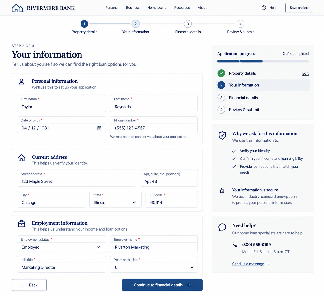 Online application form for Rivermire Bank, showing personal details, current address, employment information, and application progress