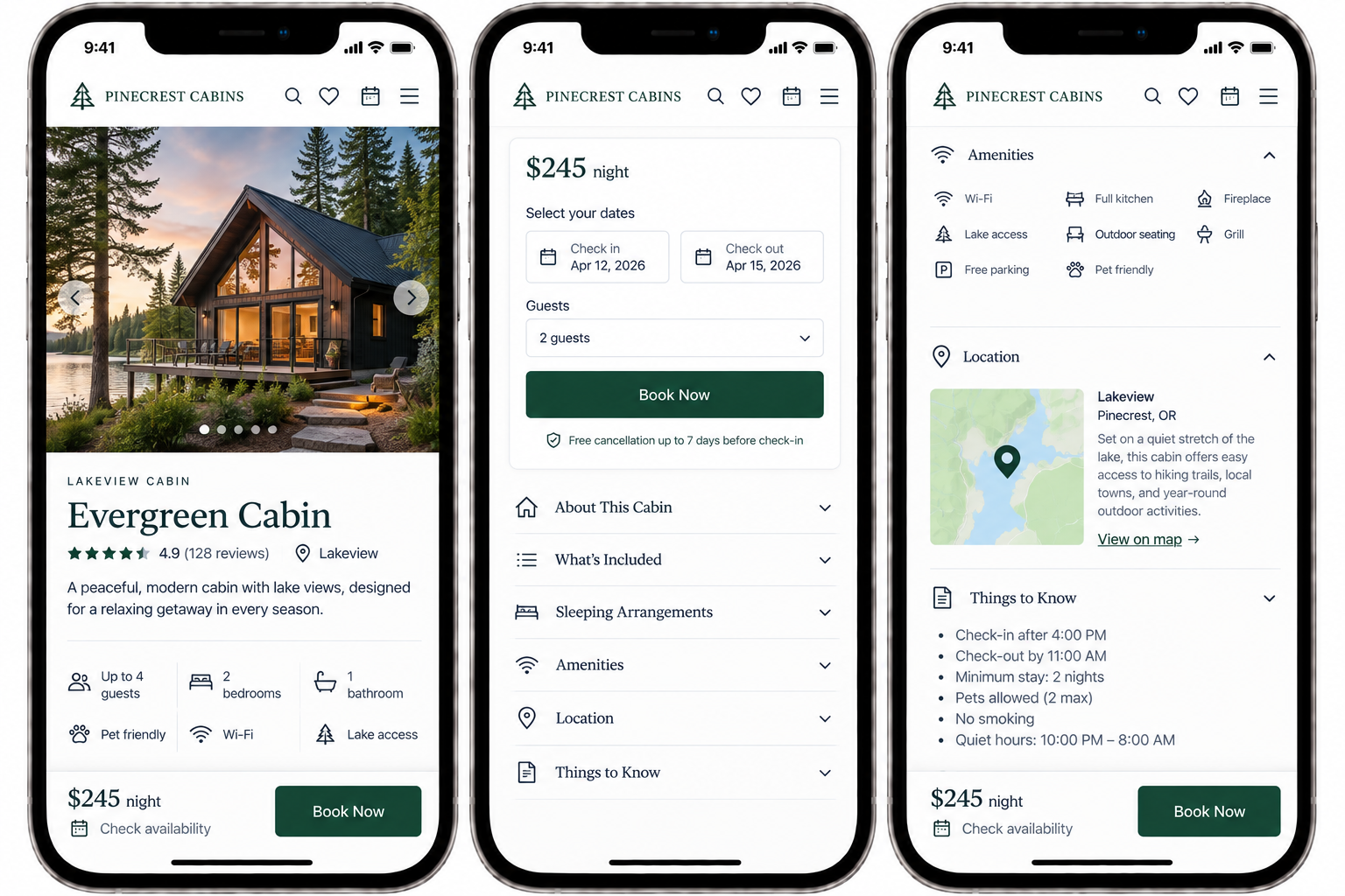 Three smartphones display a booking app for Pinecrest Cabins, showing a lake view cabin called Evergreen Cabin with a sunset view, reservation details, amenities, location on a map, and additional information about check-in times and policies.