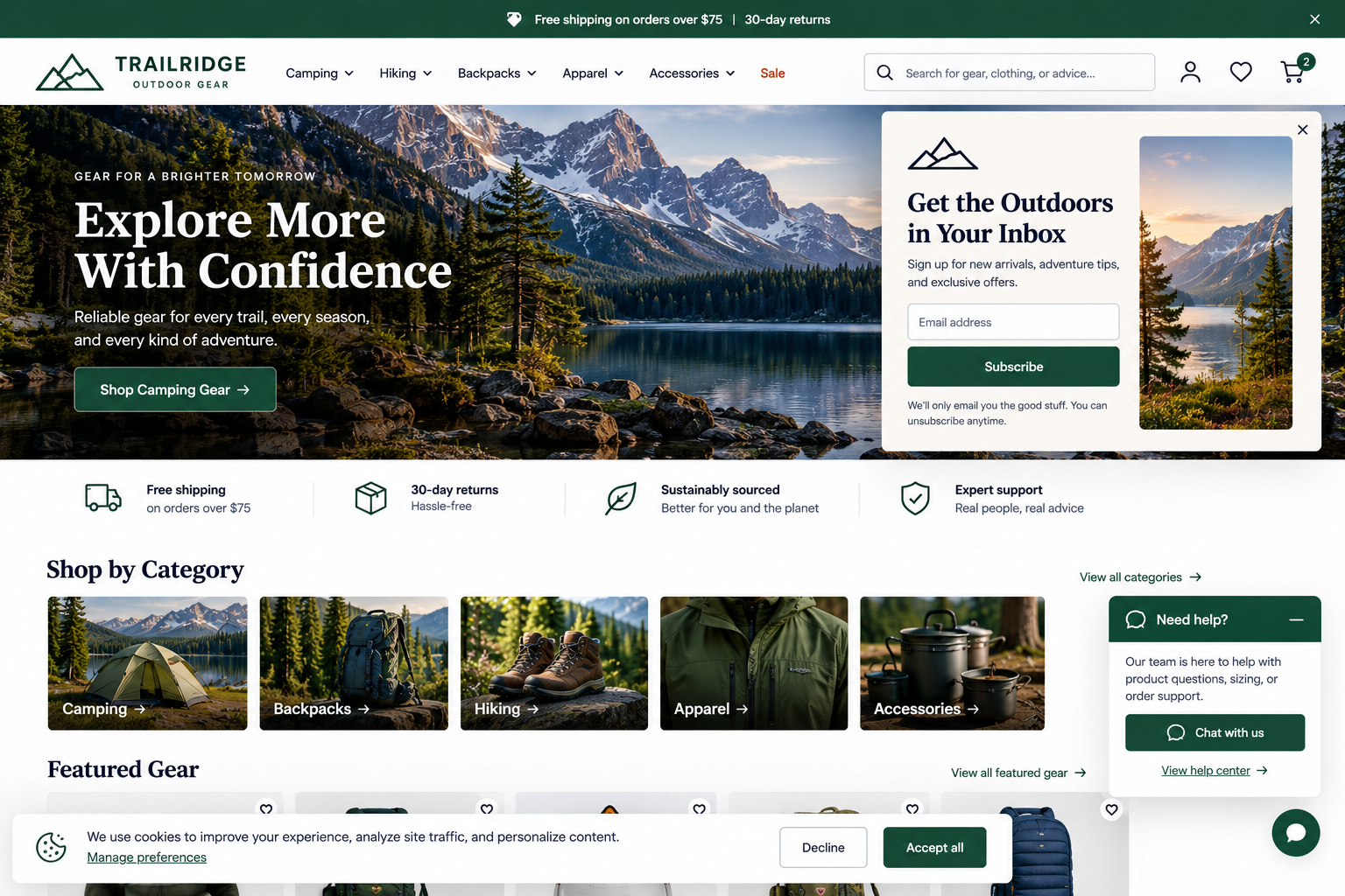Homepage of Trailridge Outdoor Gear website showcasing a mountain and lake landscape with trees, featuring a banner for exploring outdoor gear, a subscription box, and categories for camping, backpacks, hiking, apparel, and accessories.