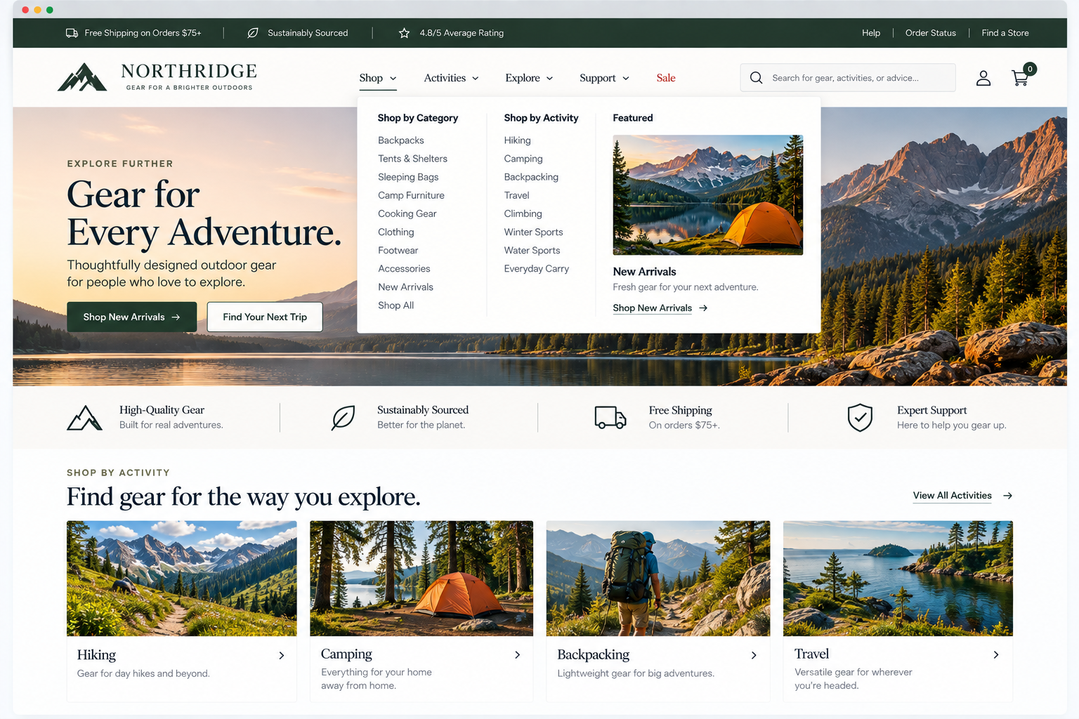 Homepage of Northridge outdoor gear website featuring a mountain lake scene with a tent, navigation menu with categories for outdoor gear, activities, and support, and sections for new arrivals, gear for exploration activities like hiking, camping, backpacking, and travel.