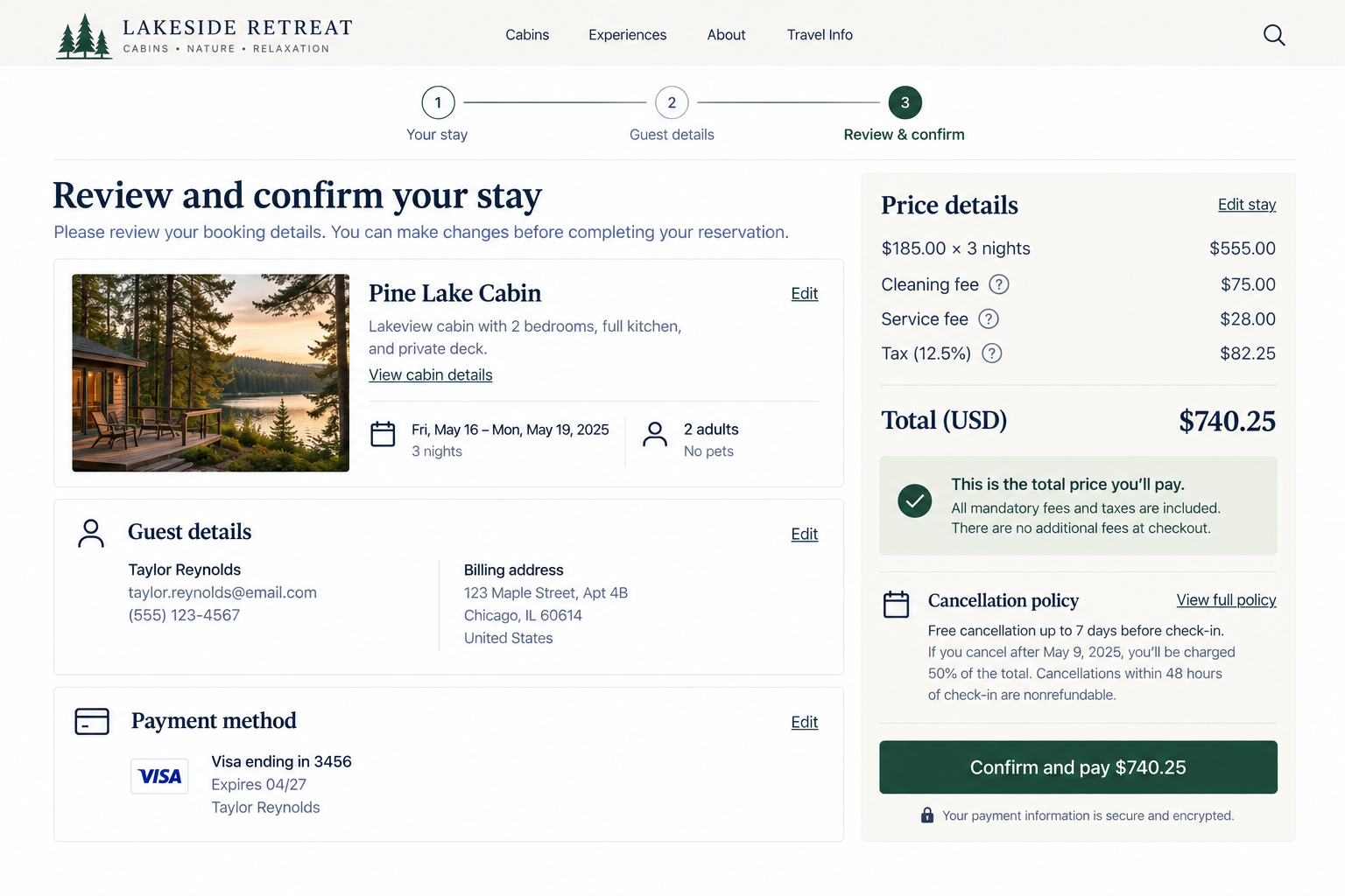 Booking confirmation webpage for Lakeside Retreat. Features a cabin called Pine Lake Cabin with a lakeview, 2 bedrooms, full kitchen, private deck. Booking dates are May 16-19, 2025, for 2 adults, no pets. Total cost $740.25. Includes guest details, payment method, and cancellation policy.