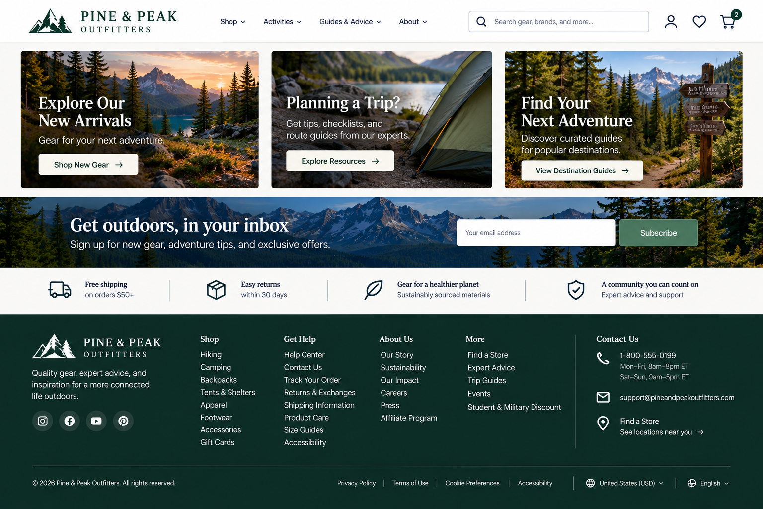 Homepage of Pine & Peak Outfitters website showing sections for exploring new gear, planning trips, and finding adventure guides with scenic outdoor mountain and forest imagery.