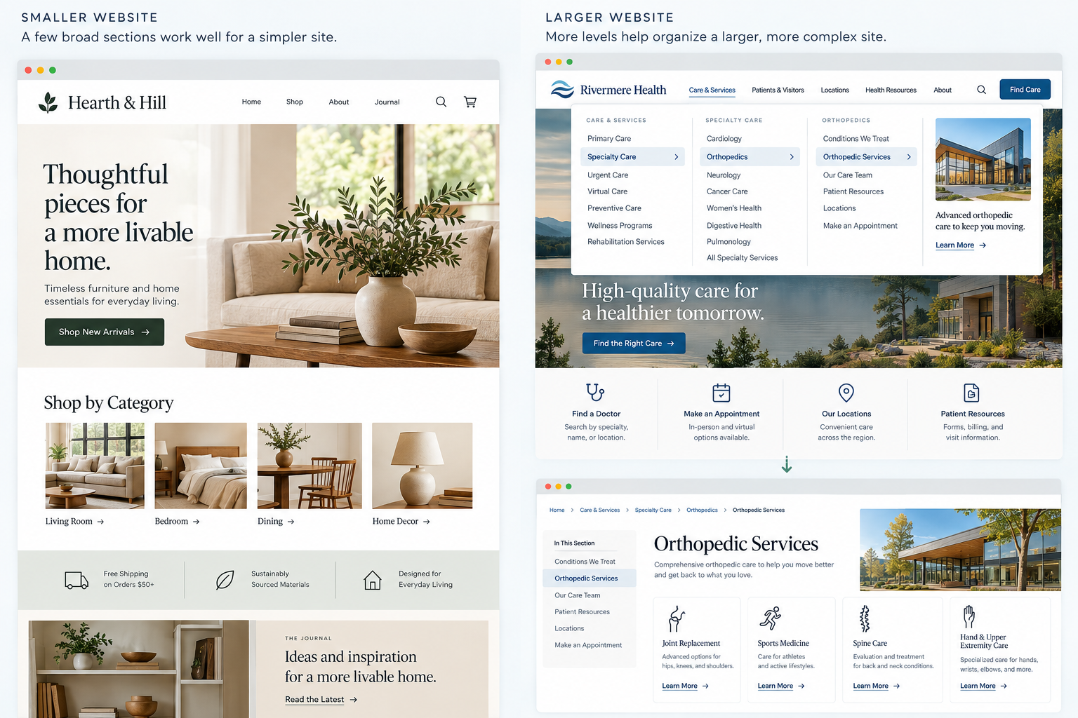 Comparison of a smaller website with broad sections and a larger, more complex website for healthcare services, showing homepage layouts and navigation menus.