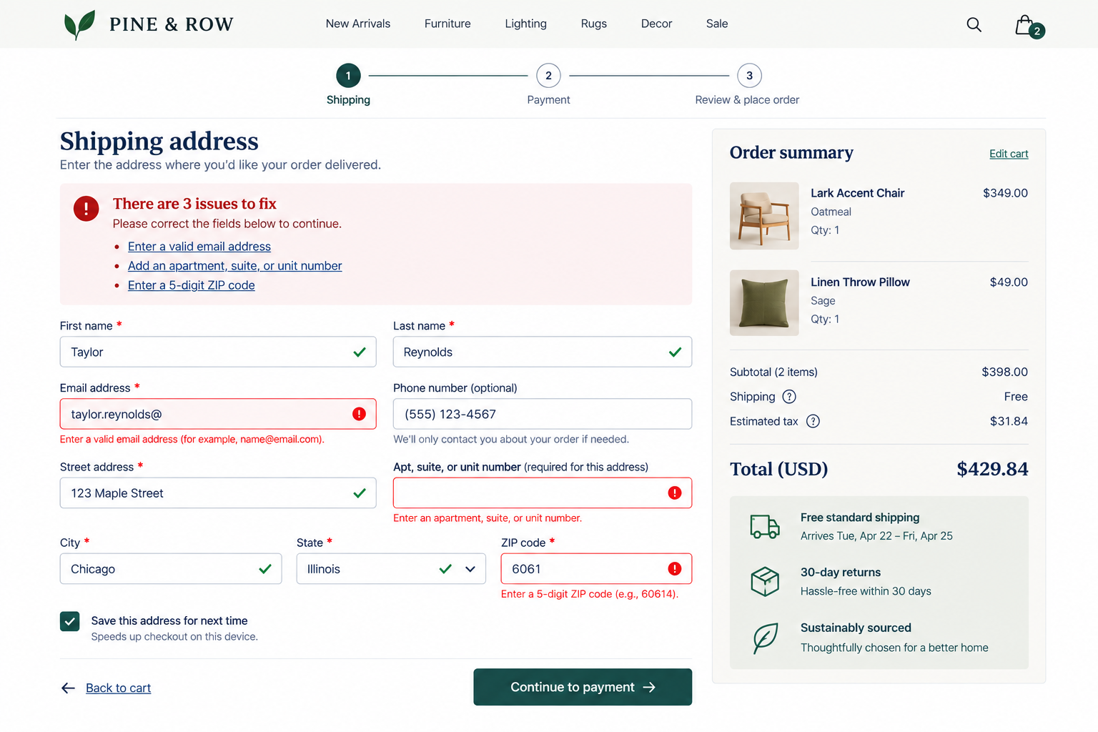 Online checkout webpage for Pine & Row furniture store showing shipping address form with errors in email, apartment, and ZIP code fields, order summary on the right with two items, and progress indicator at the top.