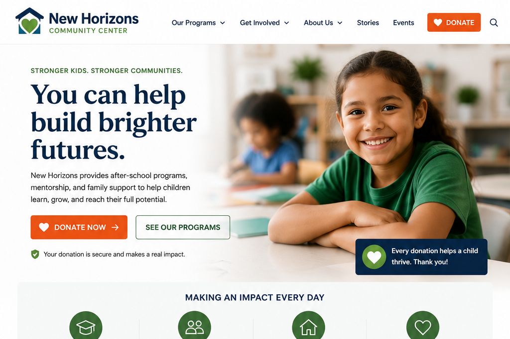 Homepage of the New Horizons Community Center website featuring a smiling young girl in a green shirt and a blurred background of children, with navigation menu, donation button, and program information.