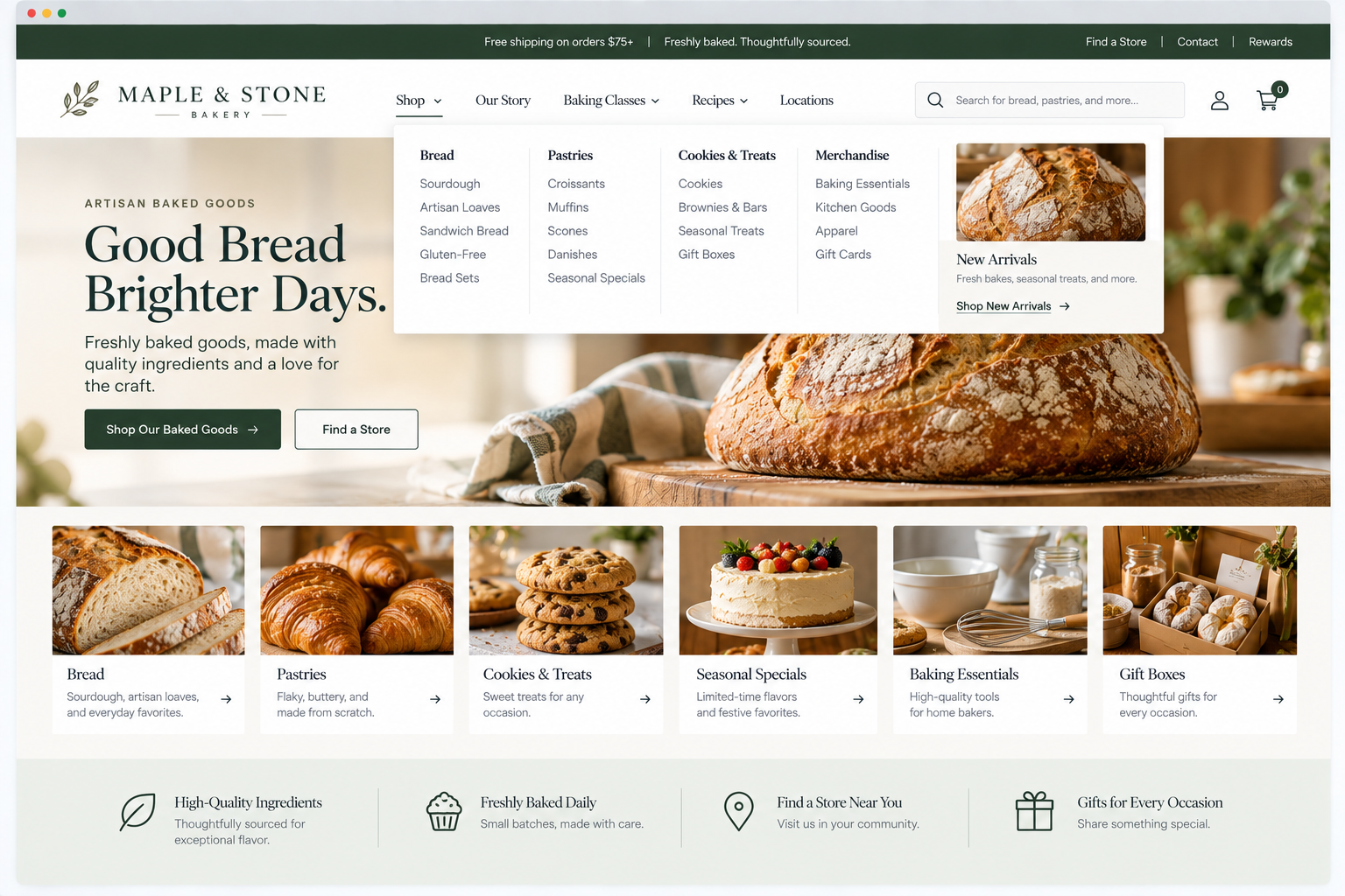 E-commerce bakery website homepage with navigation menu, featured bread image, and categories including bread, pastries, cookies & treats, seasonal specials, baking essentials, and gift boxes.