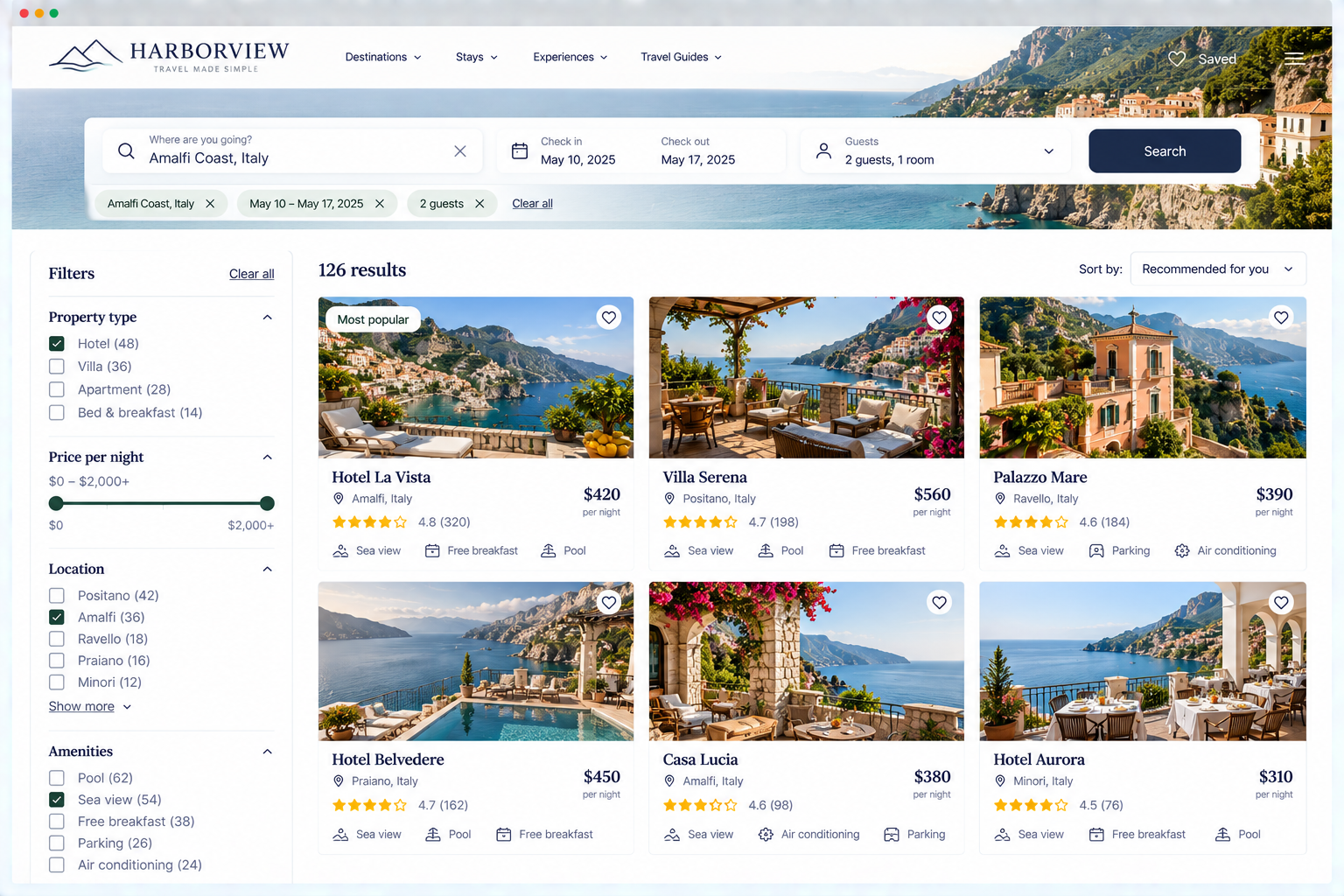 Screenshot of a travel booking website showing property options along Amalfi Coast, Italy, with images of scenic seaside hotels and resorts.