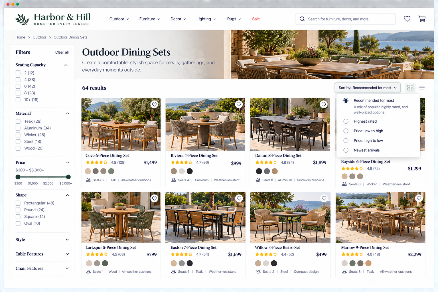 Online outdoor dining furniture shopping webpage displaying various dining sets with ratings, prices, and filters.