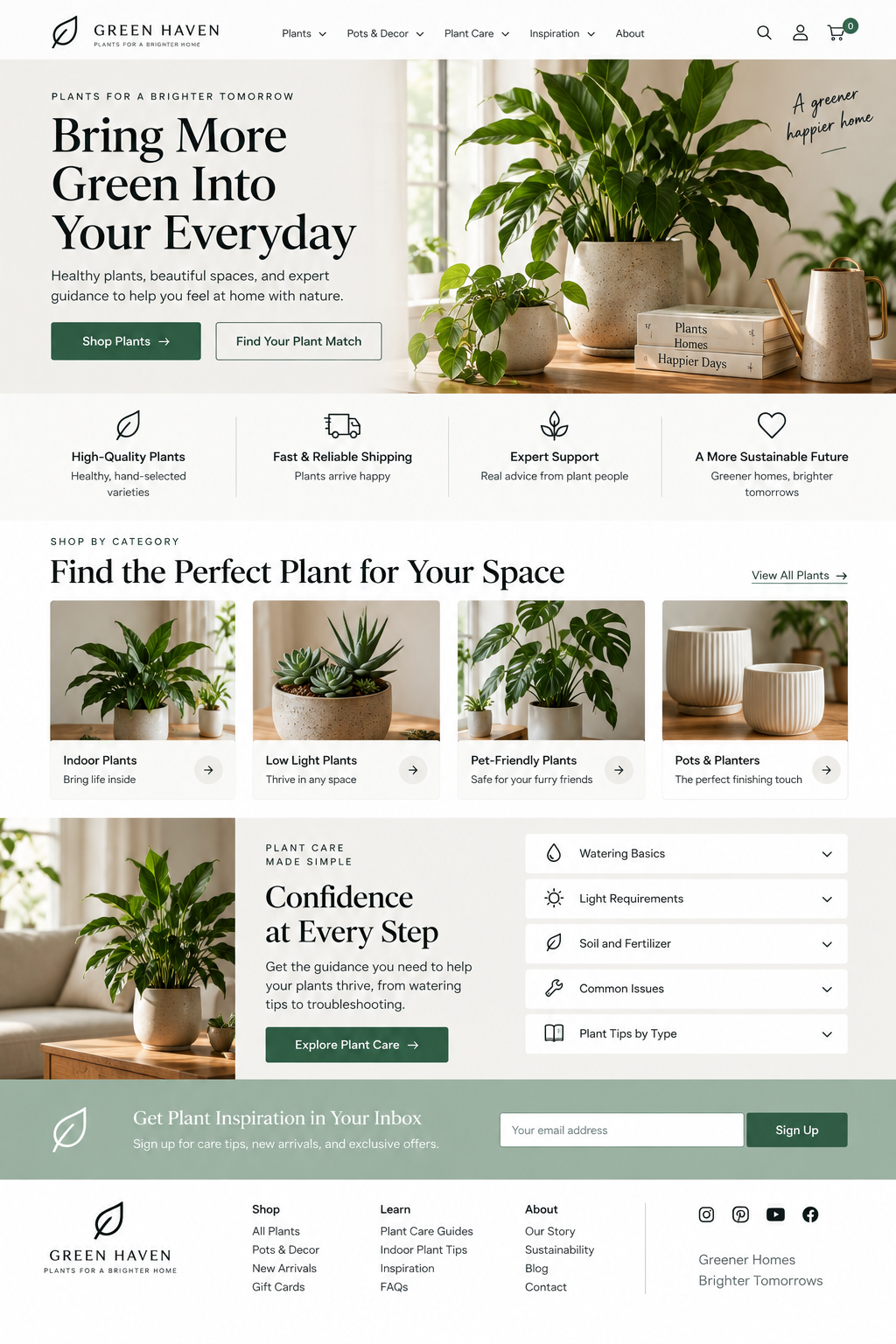Homepage of Green Haven website featuring a large potted plant on a wooden table, with a cozy interior setting and books about plants in the background.