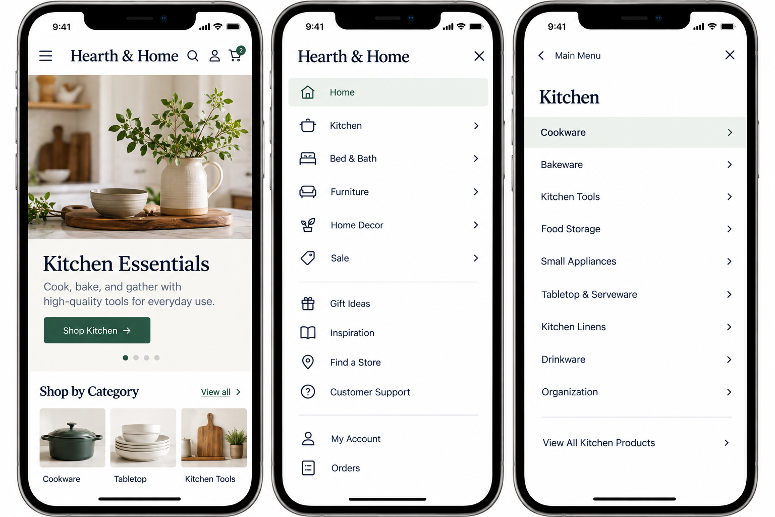 Screenshots of a mobile app displaying an online store for home and kitchen products. The first screen shows a home page with a featured image of a kitchen counter with a plant in a white pitcher, a title 'Kitchen Essentials,' and categories for cookware, tabletop, and kitchen tools. The second screen shows a side menu with options like Home, Kitchen, Bed & Bath, Furniture, Home Decor, Sale, Gift Ideas, Inspiration, Find a Store, Customer Support, My Account, and Orders. The third screen displays the Kitchen category with options for Cookware, Bakeware, Kitchen Tools, Food Storage, Small Appliances, Tabletop & Serveware, Kitchen Linens, Drinkware, and Organization, with a link to view all kitchen products.