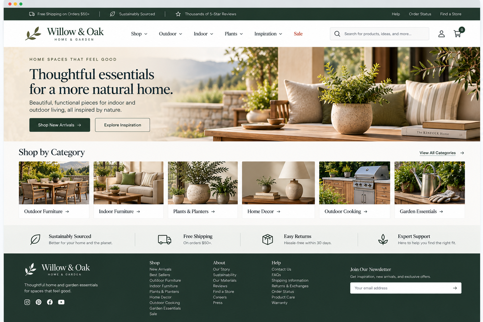 Screenshot of the Willow & Oak Home & Garden website homepage, displaying outdoor and indoor furniture, plants, home decor, outdoor cooking, and garden essentials