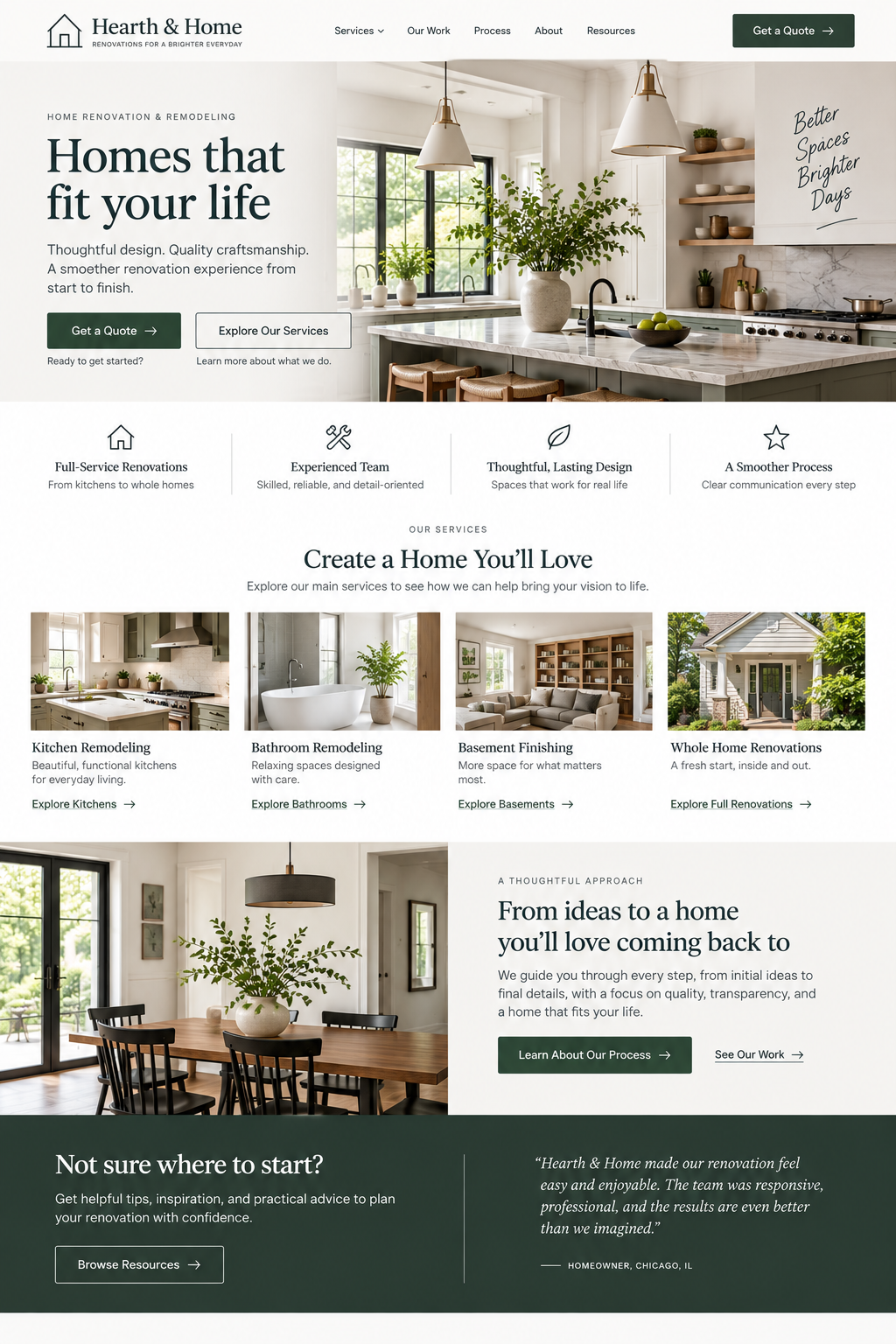 Homepage of Hearth & Home renovation website featuring an interior kitchen with white cabinetry, marble countertops, and plants, along with sections about renovation services and a dining area with a wooden table and chairs.