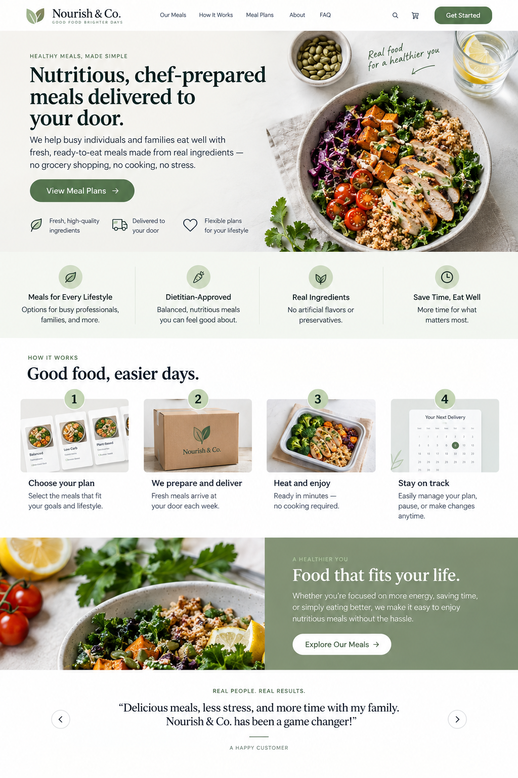 A webpage for Nourish & Co promoting healthy, pre-prepared meals with images of salads, a meal box, and delivery process.