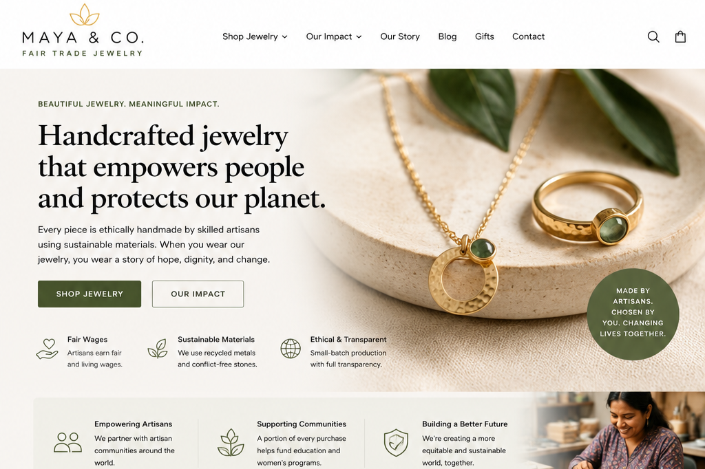 Homepage of Maya & Co. website showcasing handcrafted jewelry, including a gold necklace with a green gemstone pendant and a matching ring, with a natural, elegant design and a focus on sustainability and ethical craftsmanship.