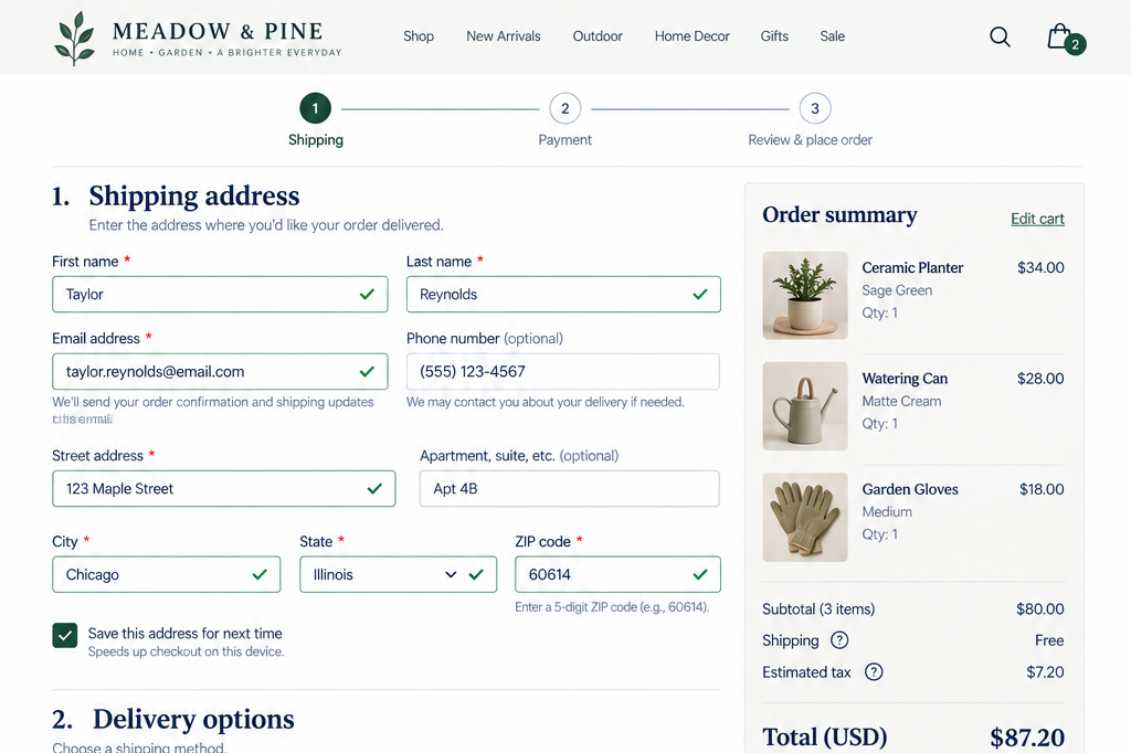 Online shopping checkout page for Meadow & Pine website showing shipping address form and order summary with three items: ceramic planter, watering can, and garden gloves.